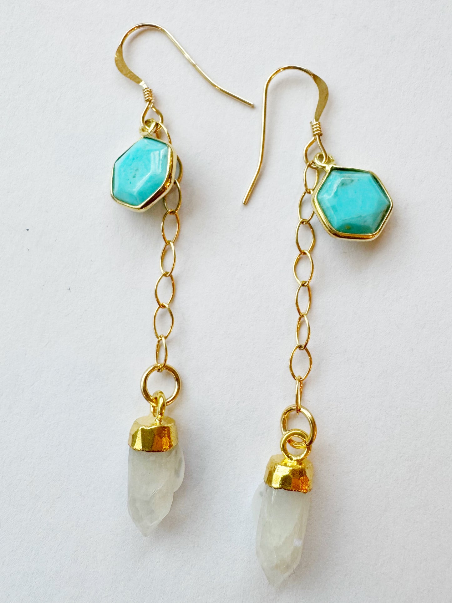 Turquoise Hex + Moonstone Point Gold Fill Earrings - Moon Room Shop and Wellness