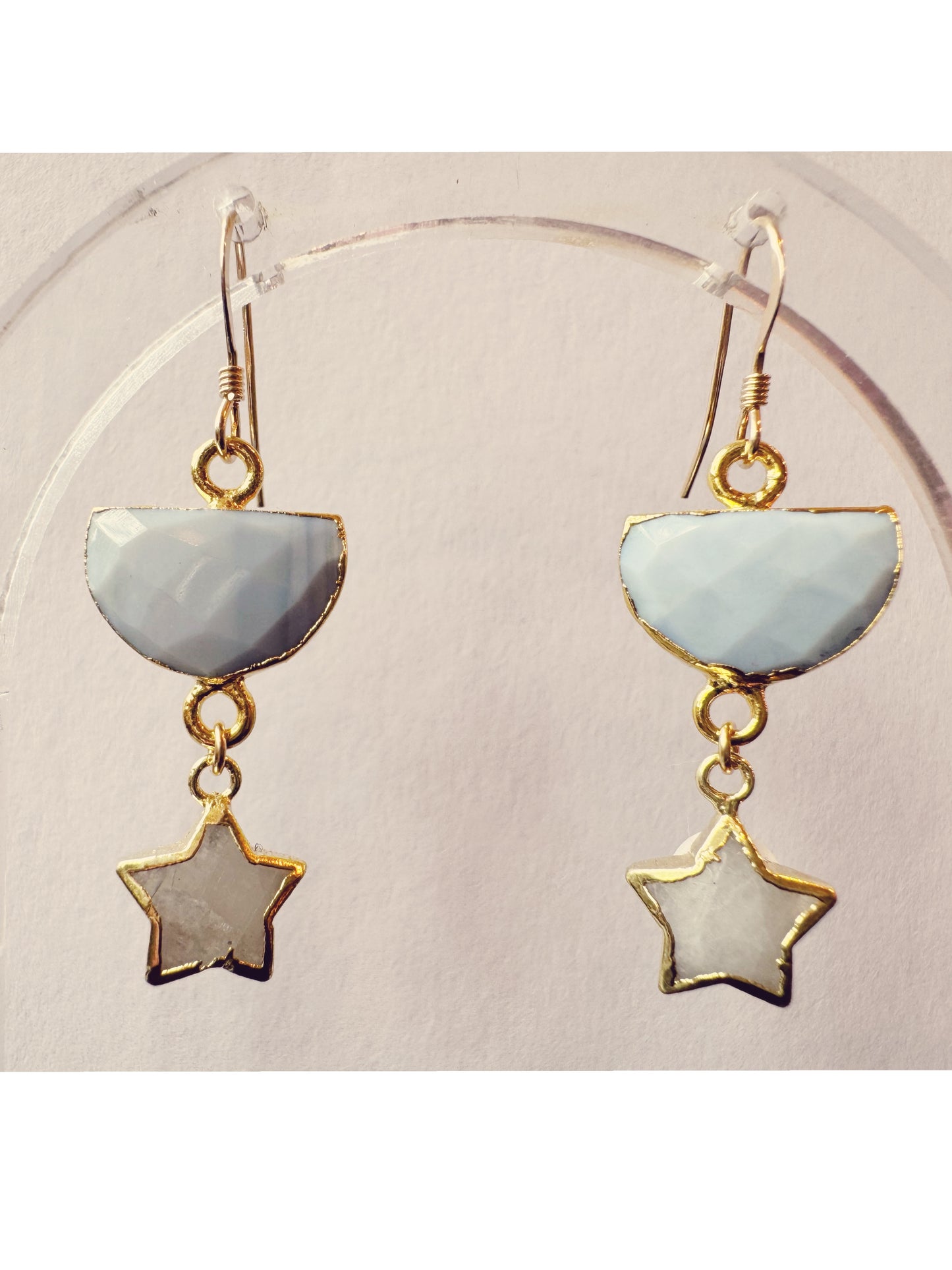 Moonstone Stars + Blue Owyhee Opal Half Moon Handmade Gold Fill Drop Gemstone Earrings - Moon Room Shop and Wellness