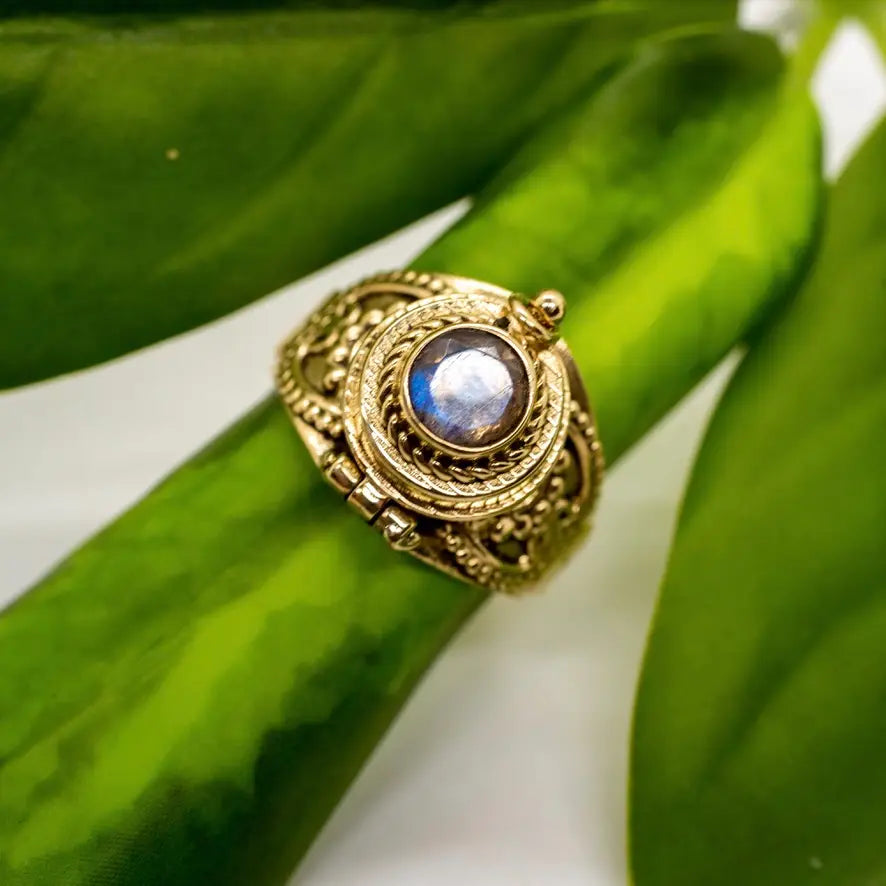 Labradorite Brass Decorated Poison Ring Size 8 - Moon Room Shop and Wellness
