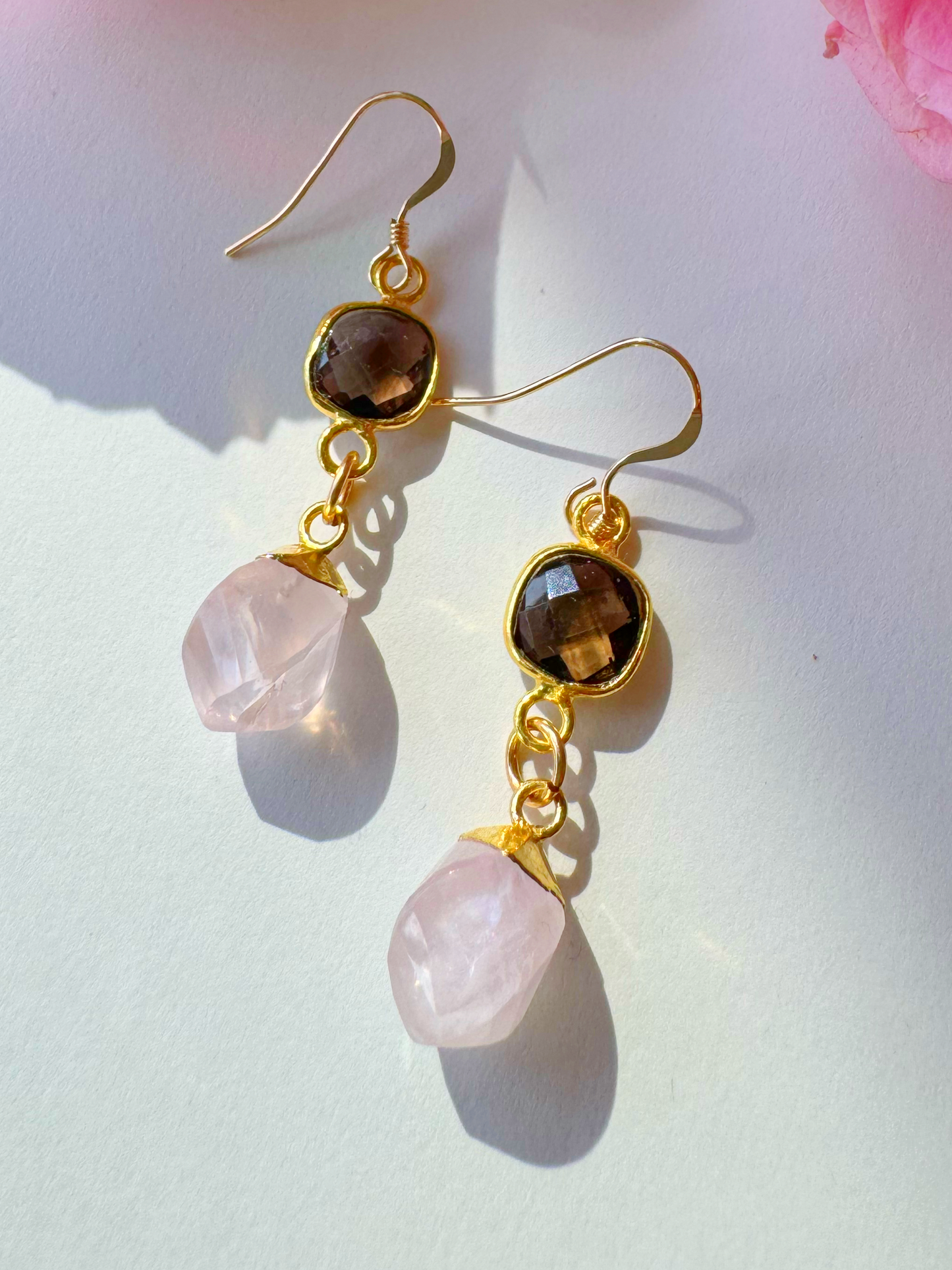 Rose Quartz + Smoky Quartz Handmade Gold Fill Drop Gemstone Earrings - Moon Room Shop and Wellness