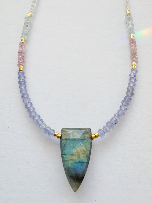 Labradorite Point + Tanzanite + Pink Tourmaline + Aquamarin2  Beaded Gold Fill Necklace - Moon Room Shop and Wellness