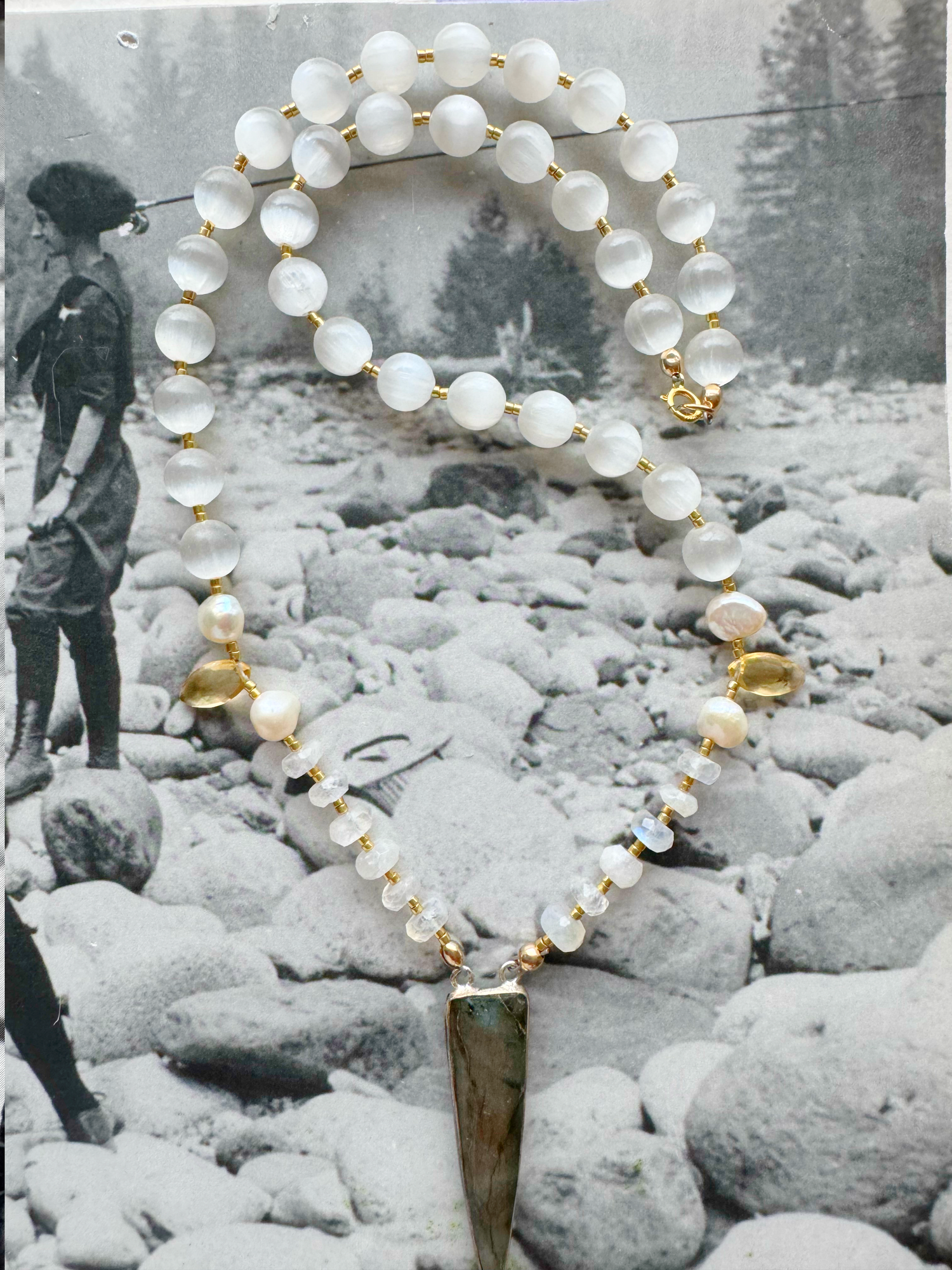 Labradorite + Moonstone + Pearl +Selenite Handmade Necklace 18” - Moon Room Shop and Wellness