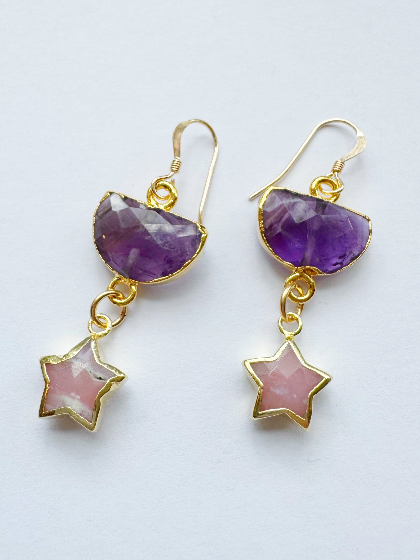 Amethyst Half Moon + Pink Opal Star Gold Fill Earrings - Moon Room Shop and Wellness