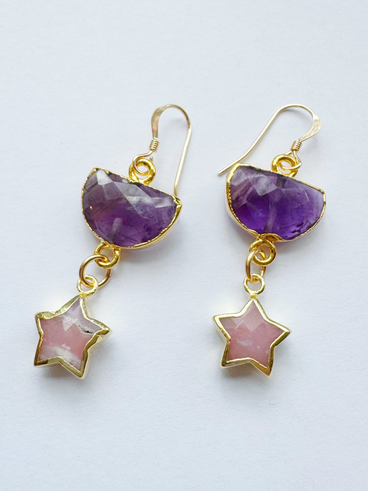 Amethyst Half Moon + Pink Opal Star Gold Fill Earrings - Moon Room Shop and Wellness