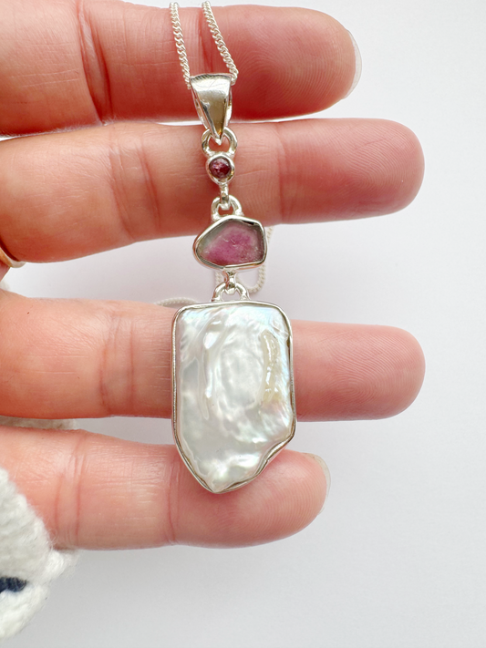 Pearl + Tourmaline Sterling Silver Pendant w Chain - Moon Room Shop and Wellness
