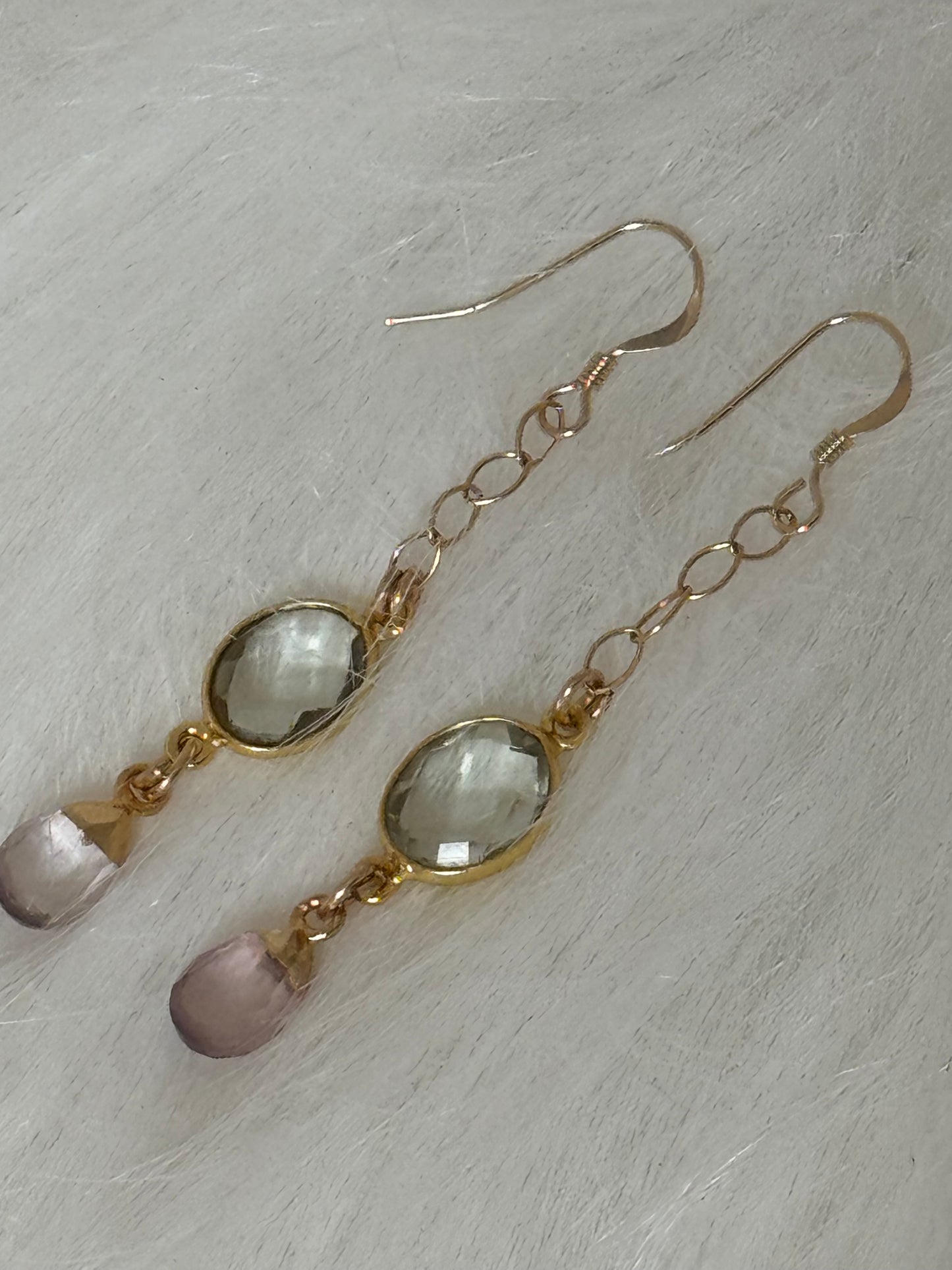 Soul Pretty Prasiolite + Rose Quartz Droplet Gold Fill Earrings - Moon Room Shop and Wellness
