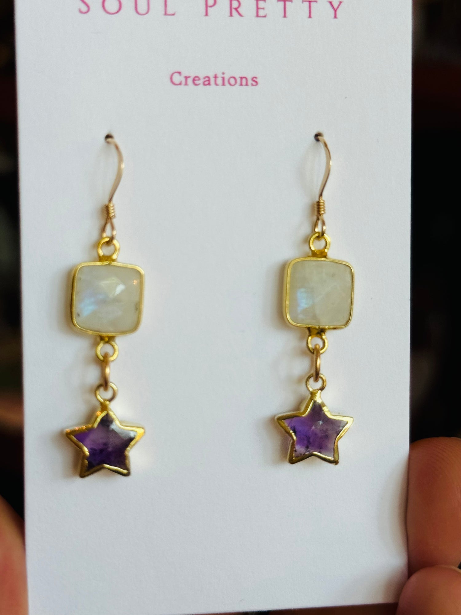 Soul Pretty Moonstone + Amethyst Star Gold Fill Earrings - Moon Room Shop and Wellness