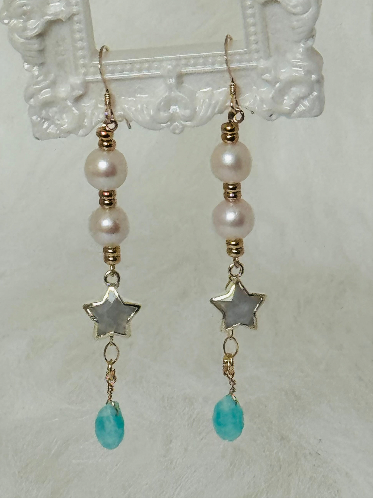 Soul Pretty Moonstone Star + Pearl + Amazonite Gold Fill Droplet Earrings - Moon Room Shop and Wellness
