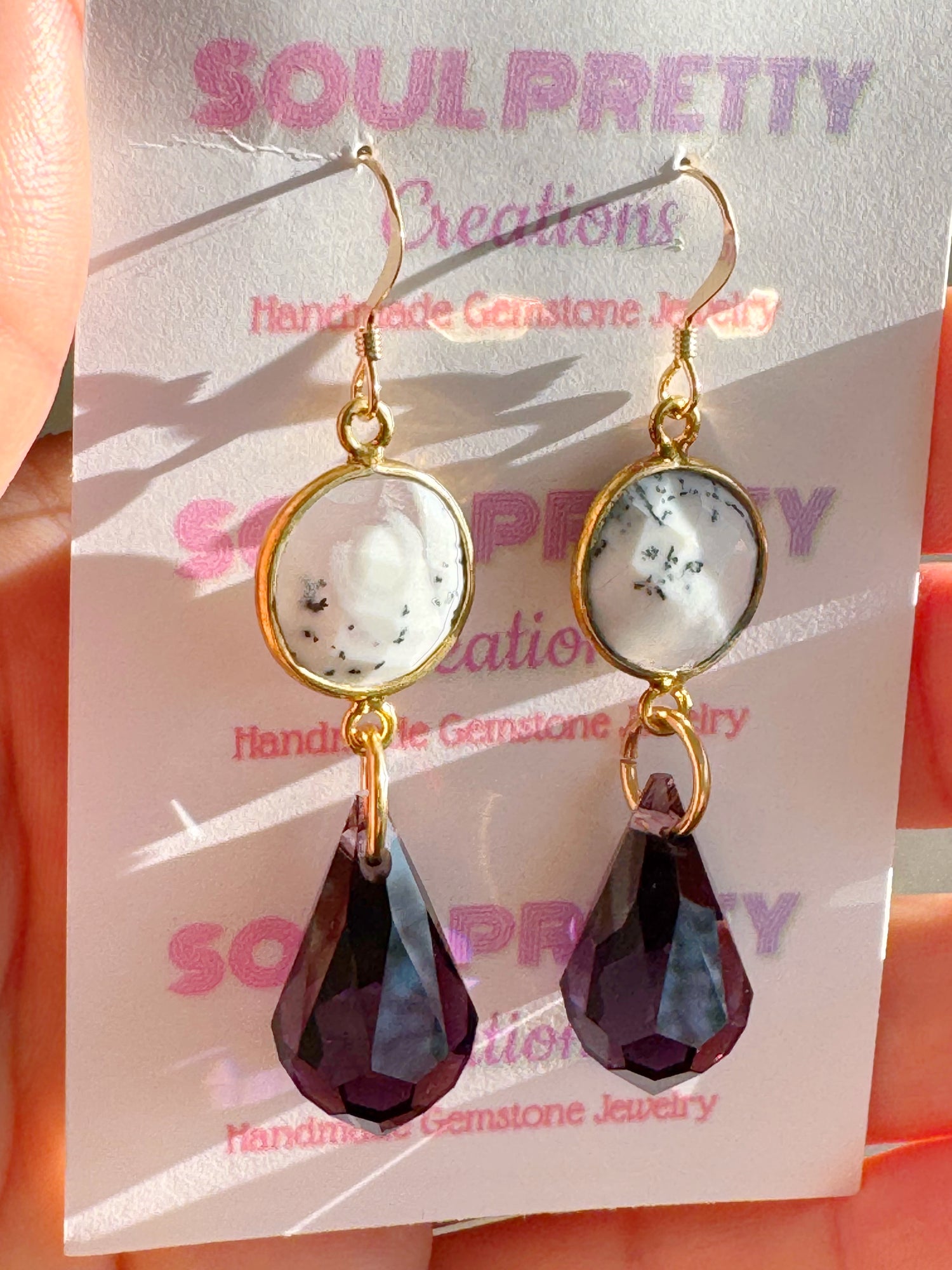 Dendritic Opal + Purple Prism Point Gold Fill Earrings - Moon Room Shop and Wellness