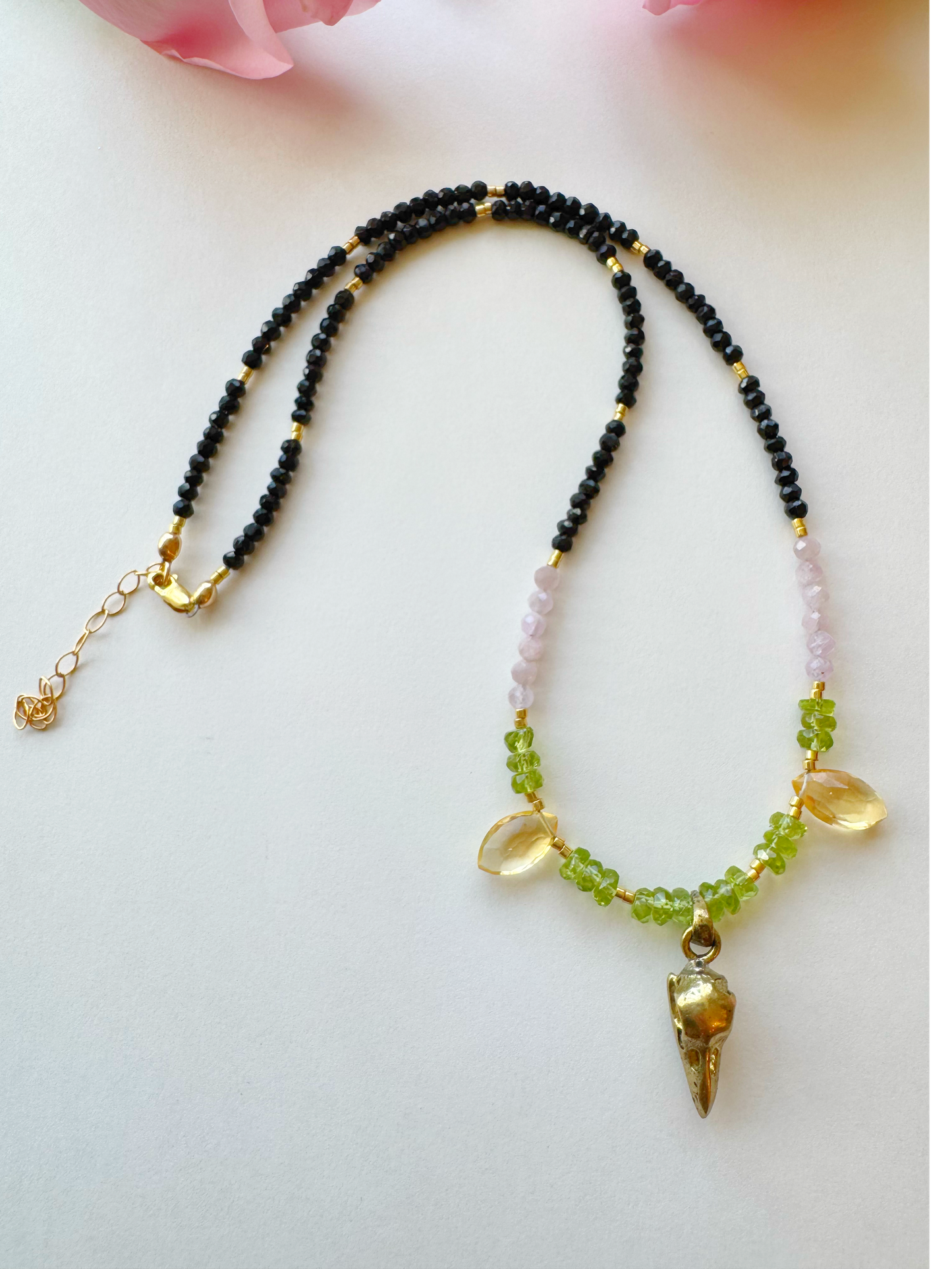 Brass Raven Skull + Peridot + Citrine + Kunzite + Black Tourmaline Gold Fill Handmade Necklace - Moon Room Shop and Wellness