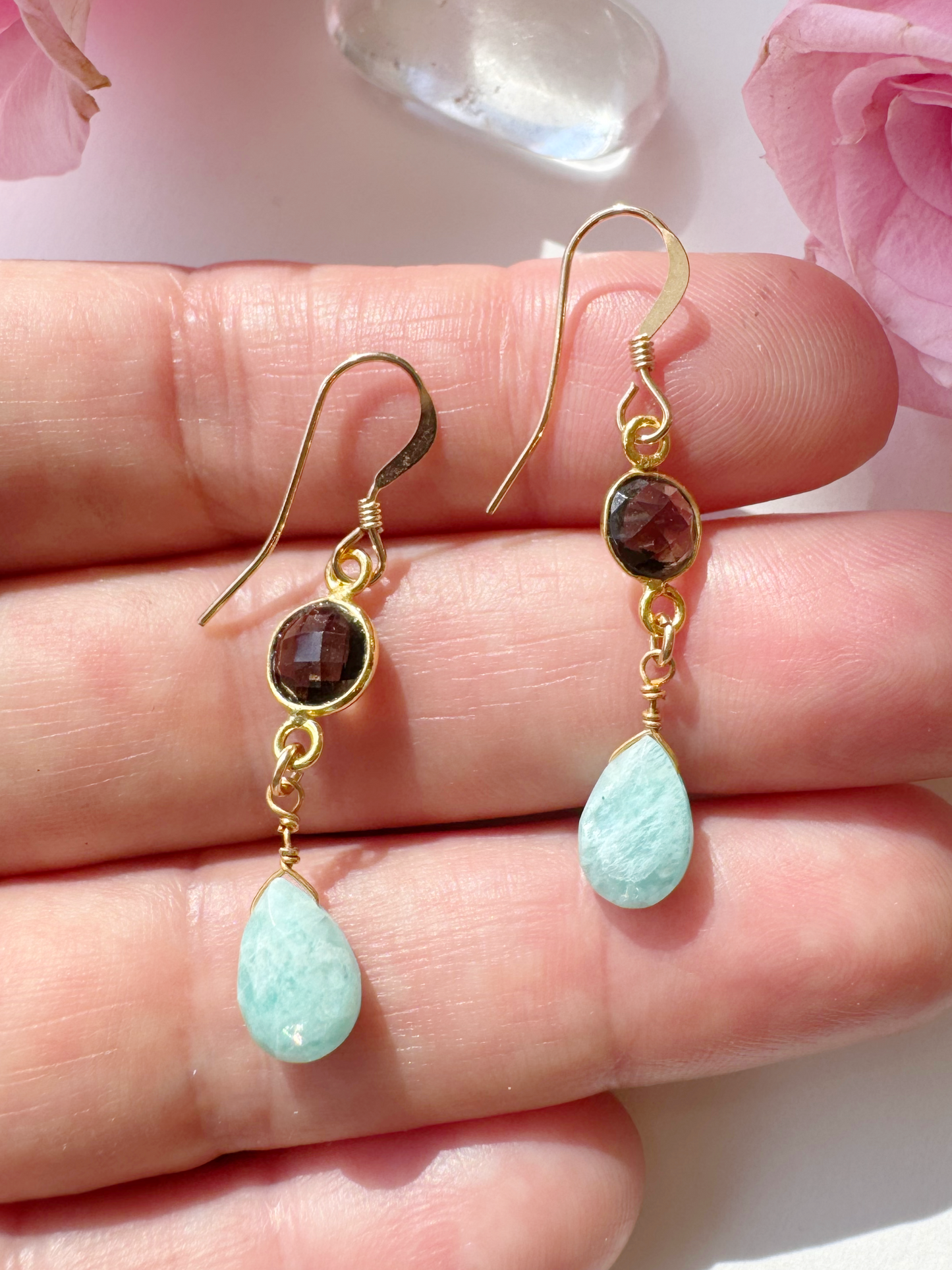 Amazonite + Smoky Quartz Handmade Gold Fill Drop Gemstone Earrings - Moon Room Shop and Wellness