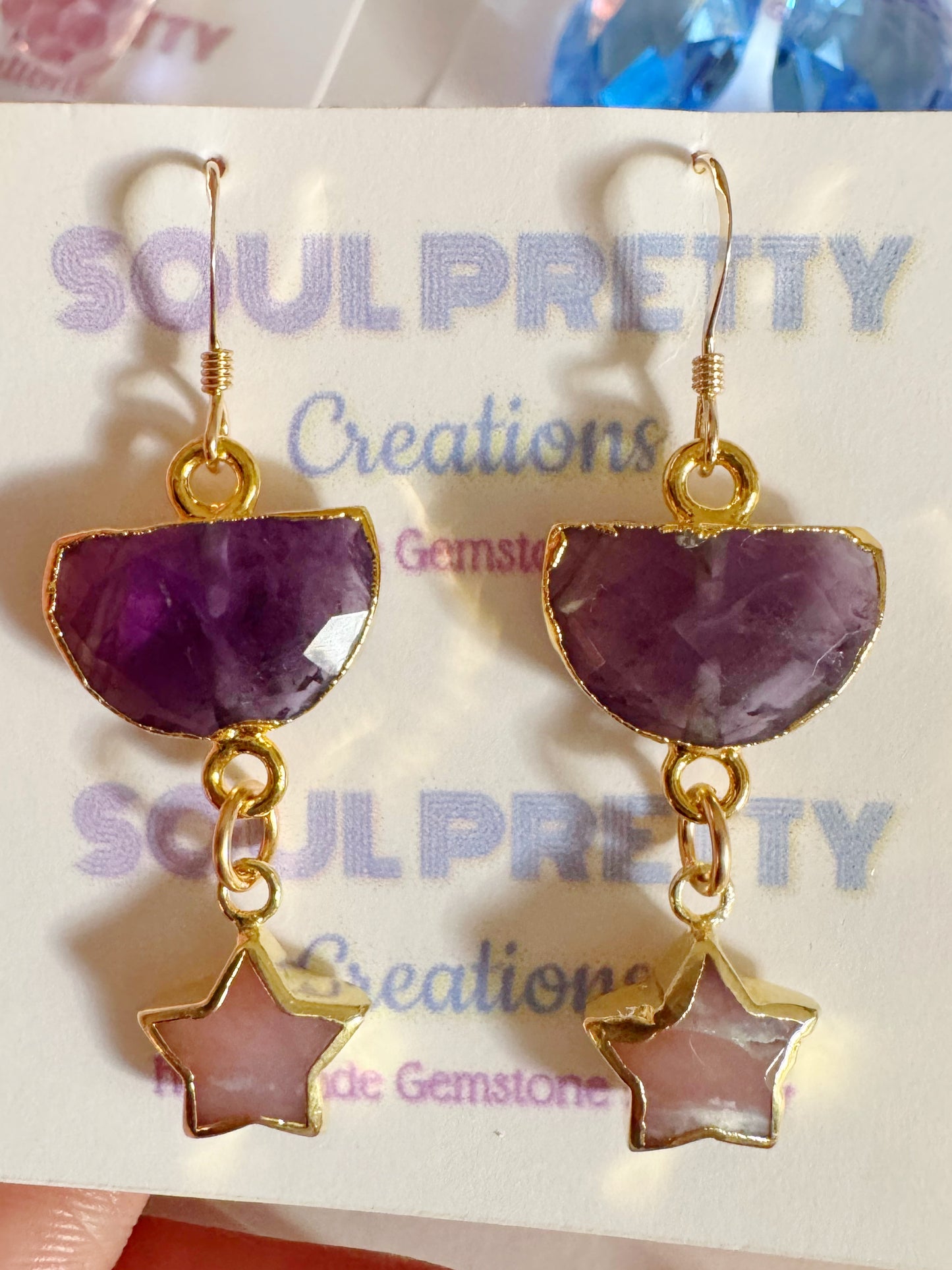 Amethyst Half Moon + Pink Opal Star Gold Fill Earrings - Moon Room Shop and Wellness