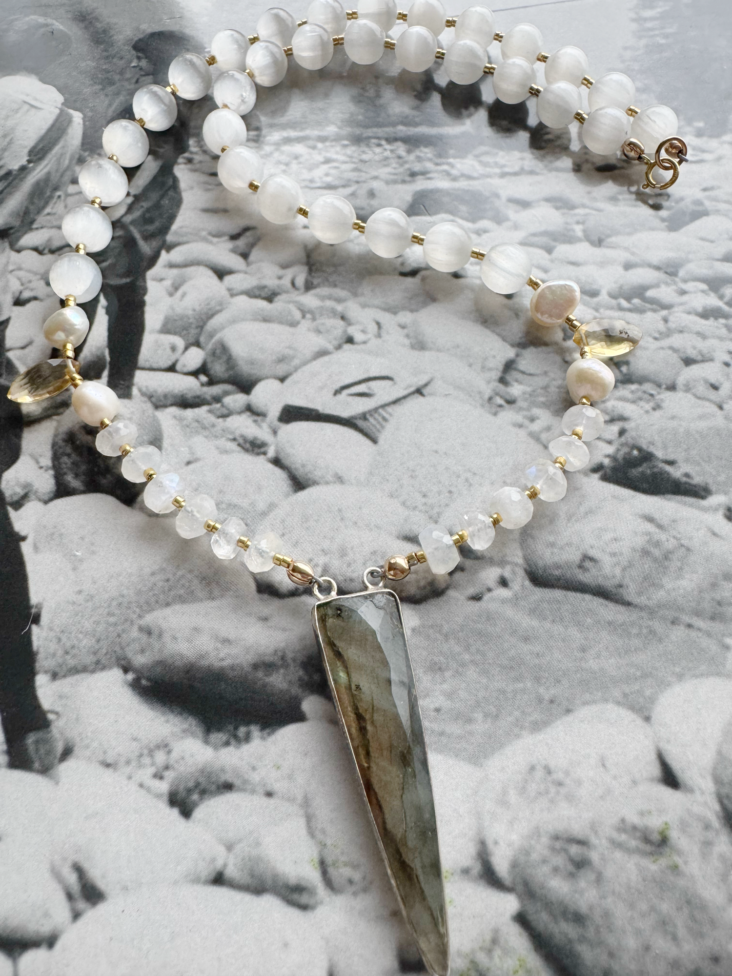 Labradorite + Moonstone + Pearl +Selenite Handmade Necklace 18” - Moon Room Shop and Wellness