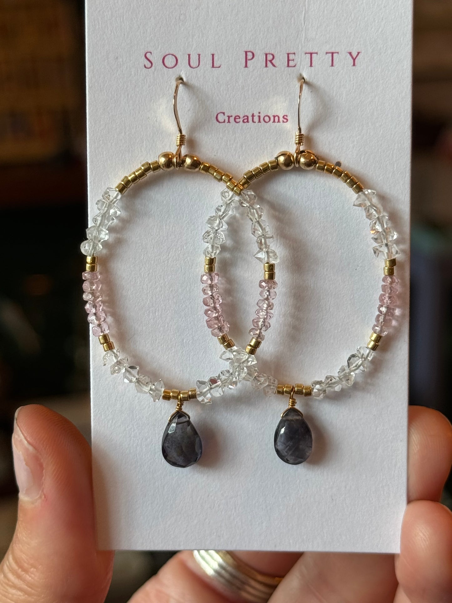 Soul Pretty iolite + pink tourmaline + quartz handmade gold fill earrings - Moon Room Shop and Wellness