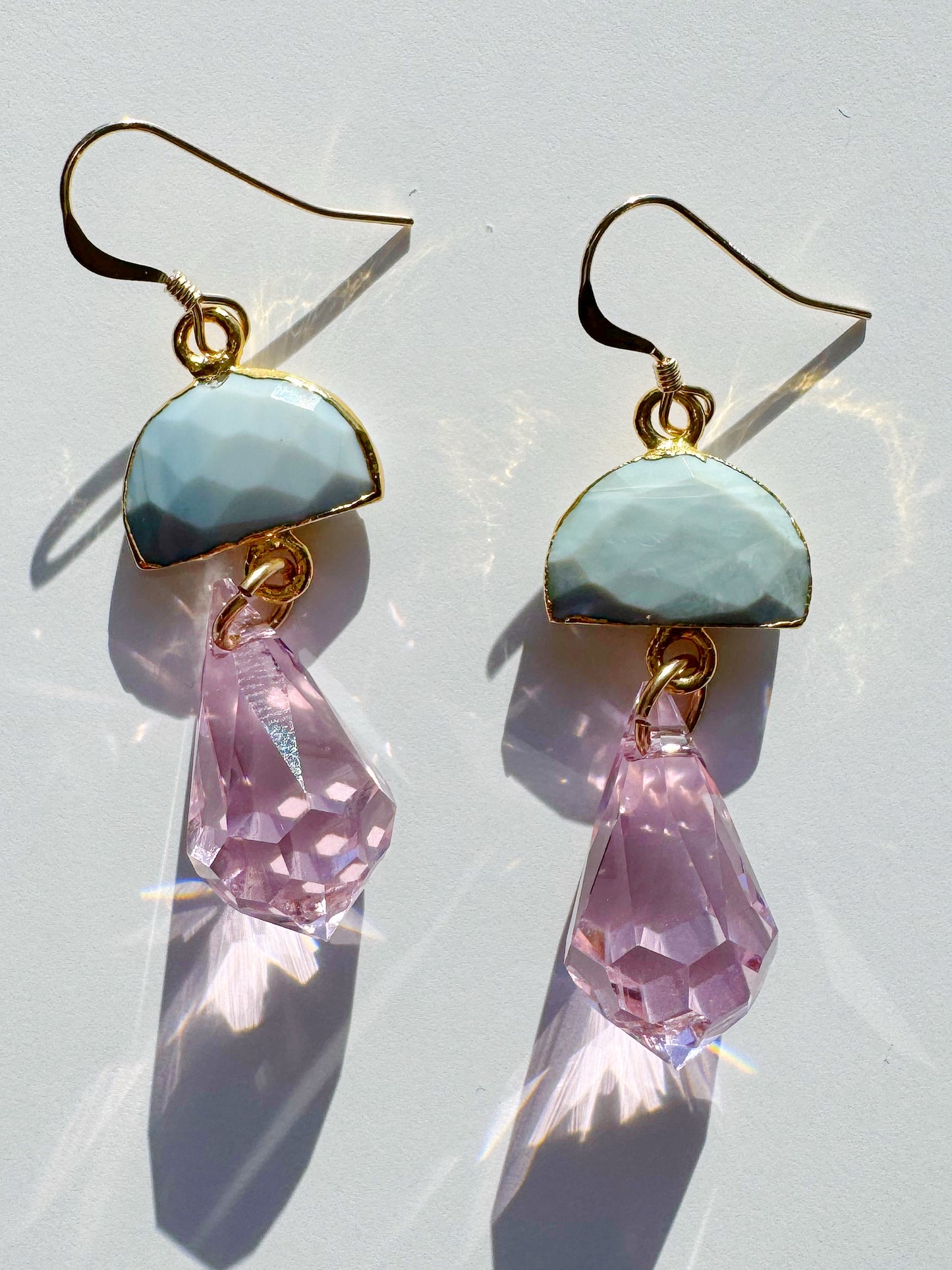 Blue Owyhee Opal + Pink Prism Point Gold Fill Earrings - Moon Room Shop and Wellness