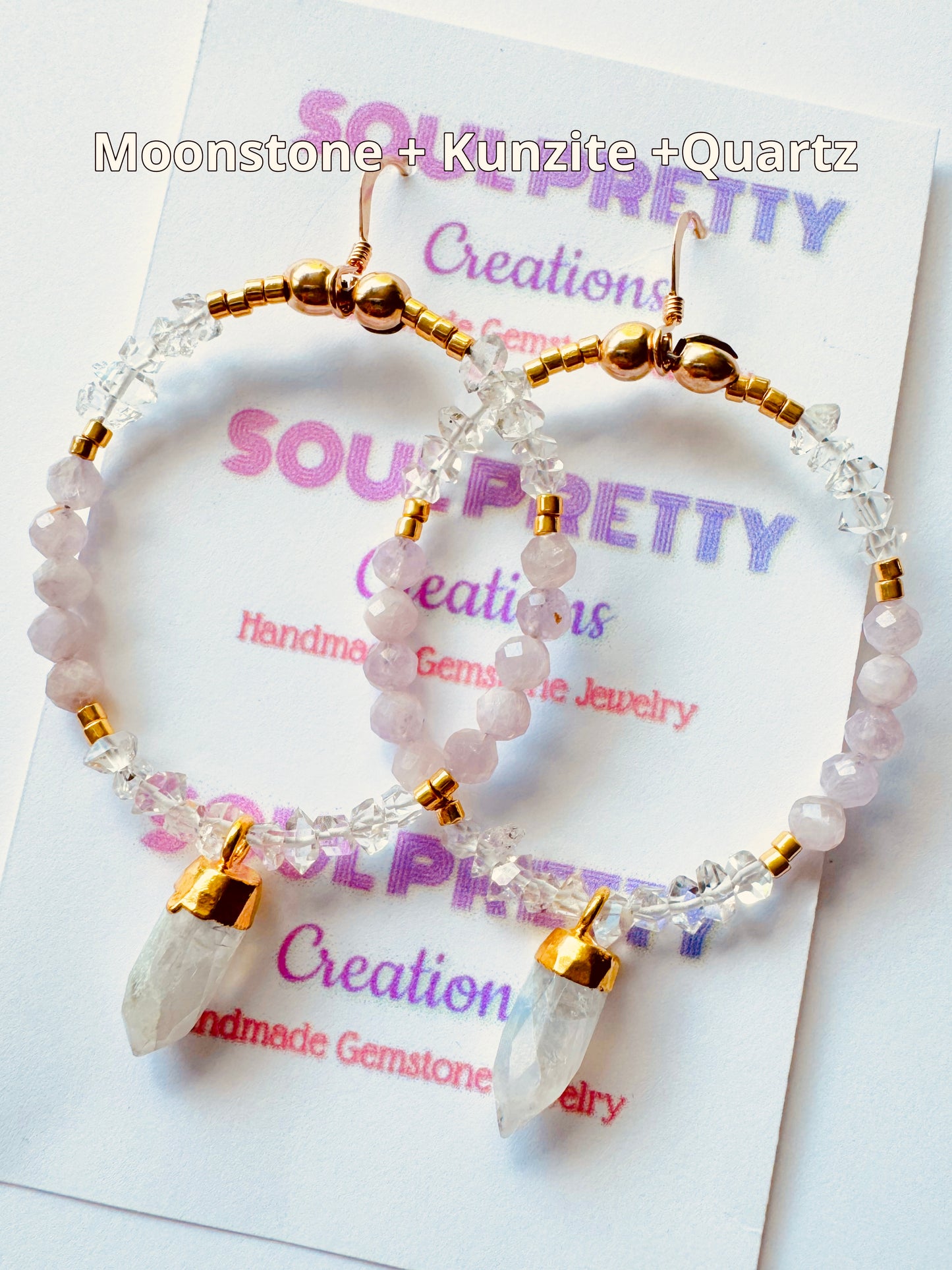 moonstone + quartz + kunzite handmade gold fill earrings - Moon Room Shop and Wellness