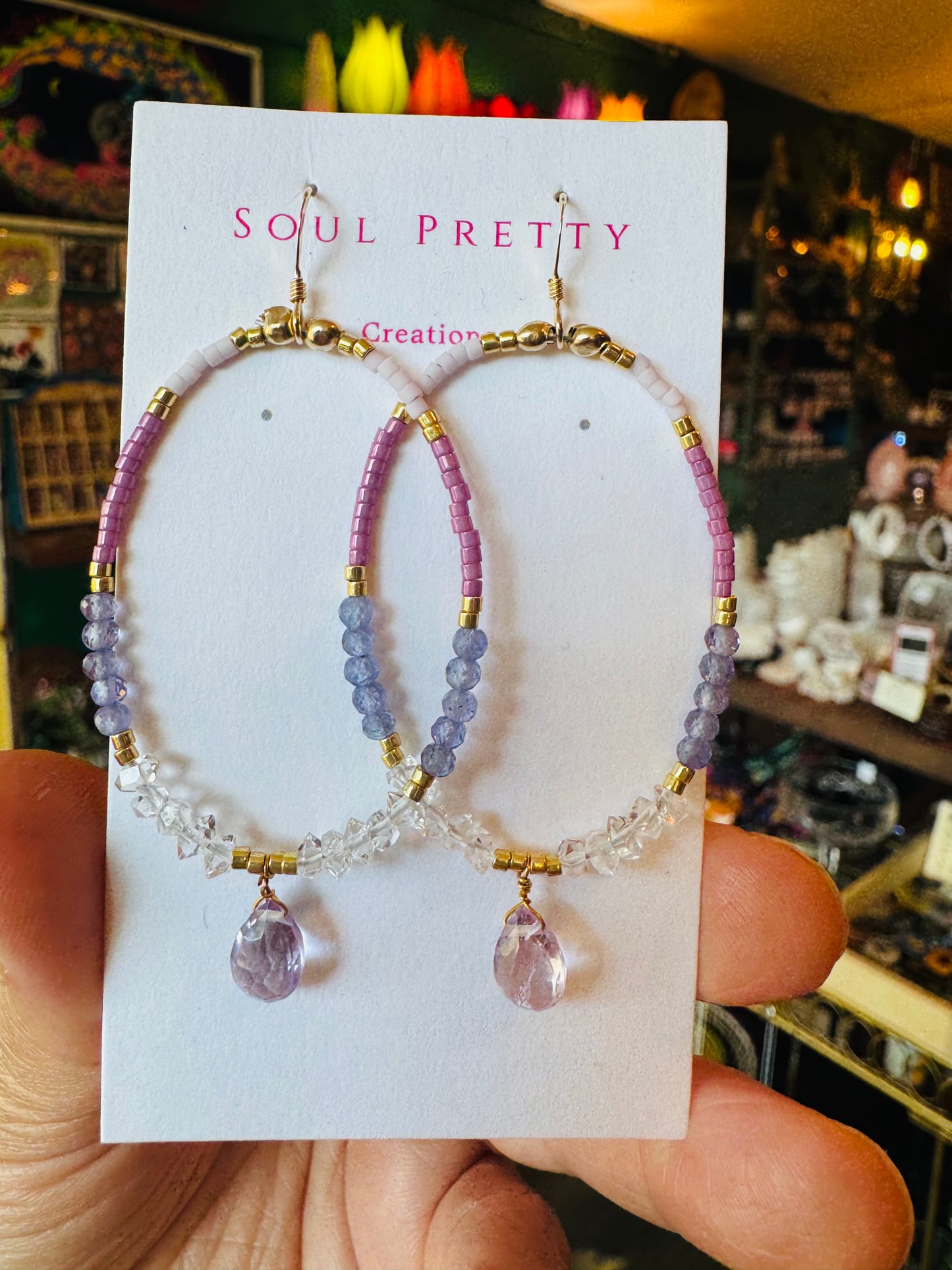 Soul Pretty pink amethyst + quartz + tanzanite handmade gold fill earrings - Moon Room Shop and Wellness
