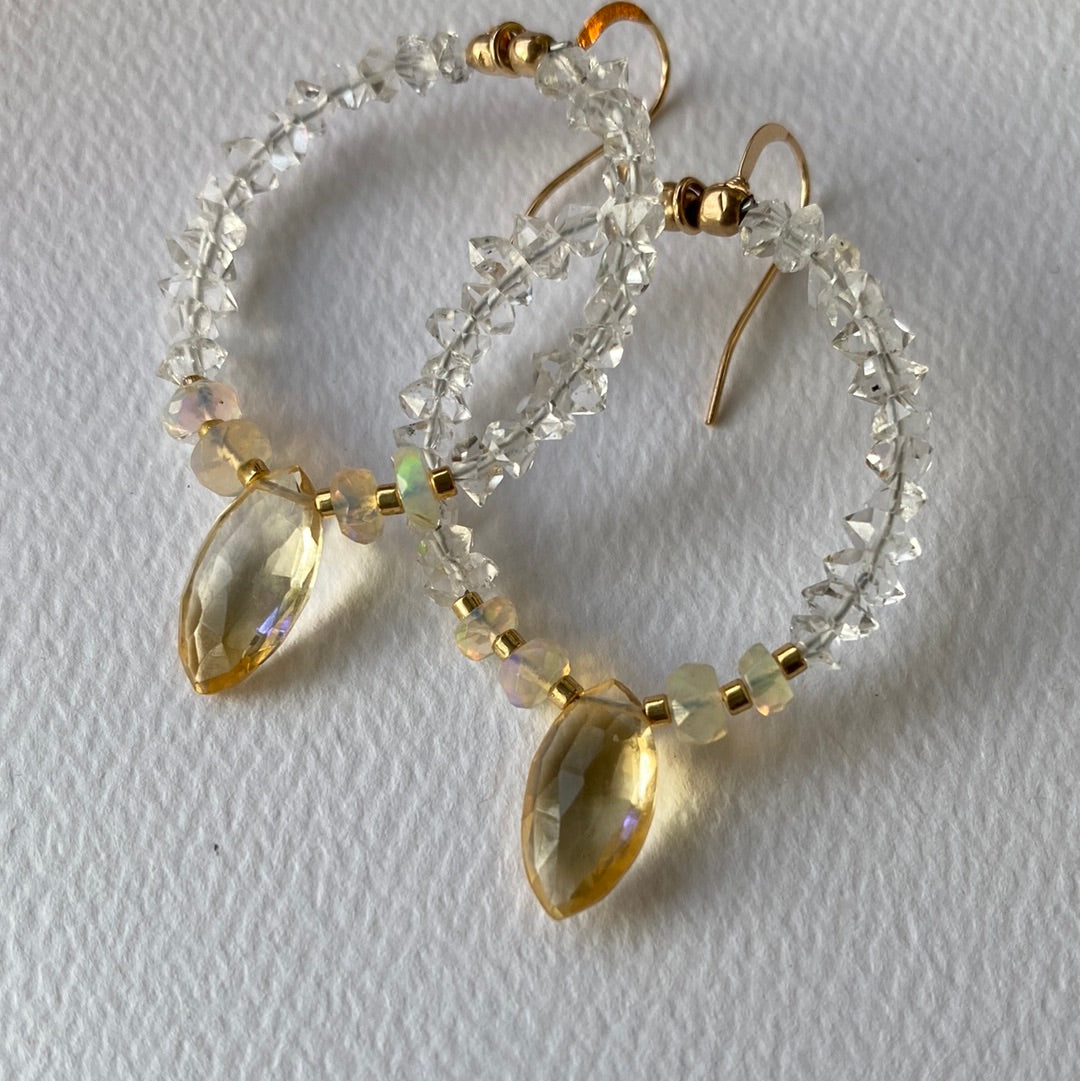 Ethiopian Opal + Citrine + Herlimer Diamond 14kt Gold Fill Earrings - Moon Room Shop and Wellness