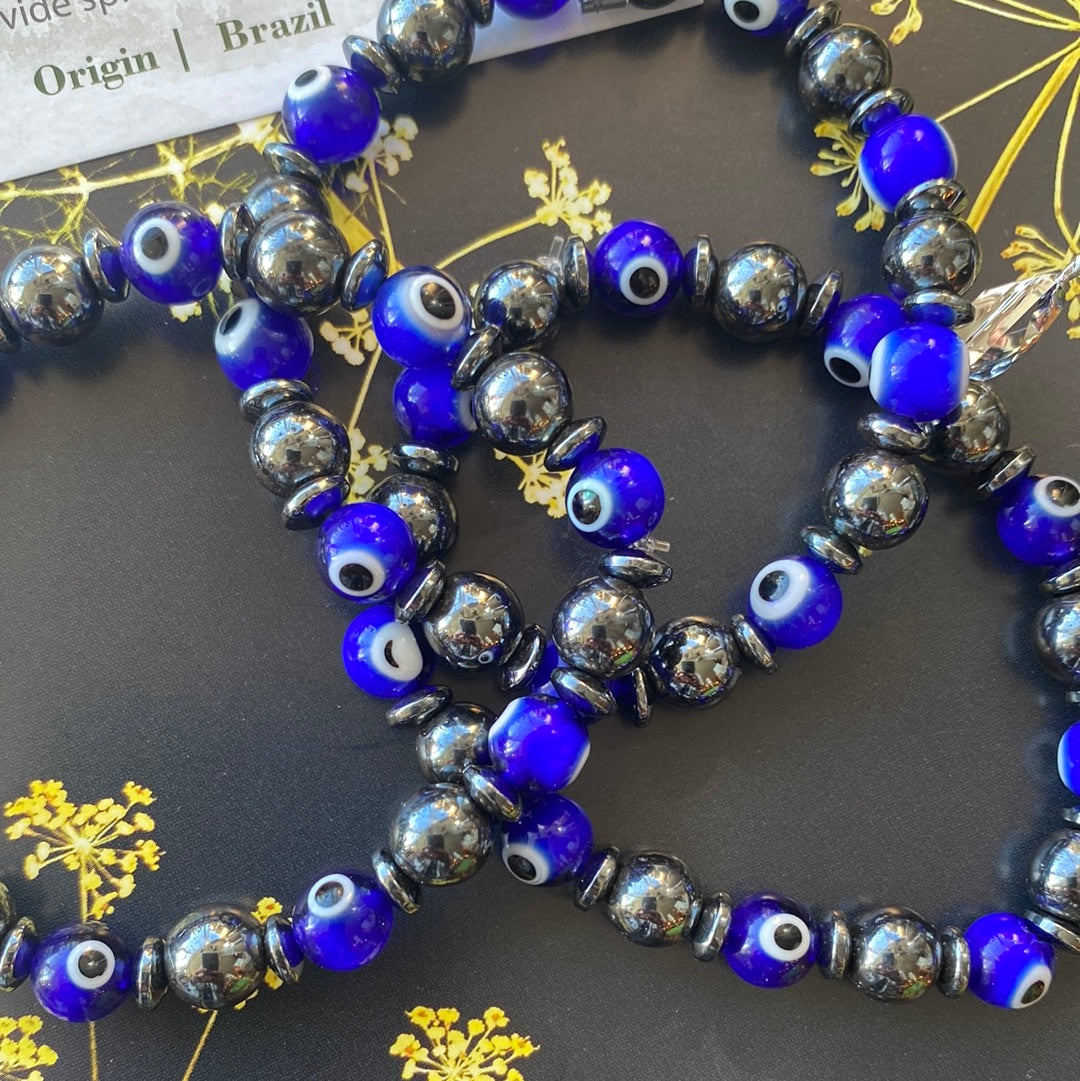 Evil Eye Glass + Hematite Stretch 8mm Bracelet - Moon Room Shop and Wellness
