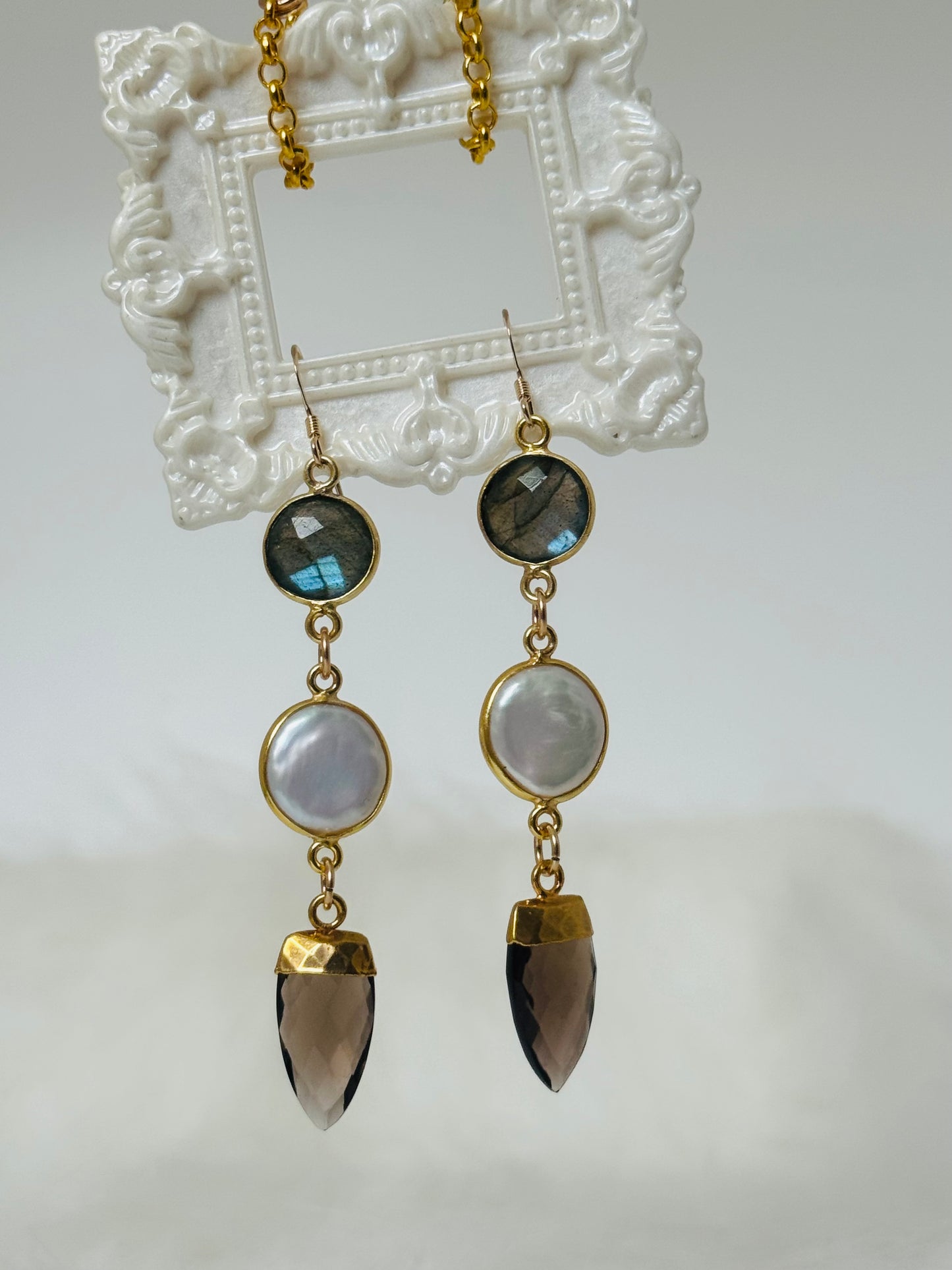 Soul Pretty Labradorite + Pearl + Smoky Quartz Points Gold Fill Earrings - Moon Room Shop and Wellness