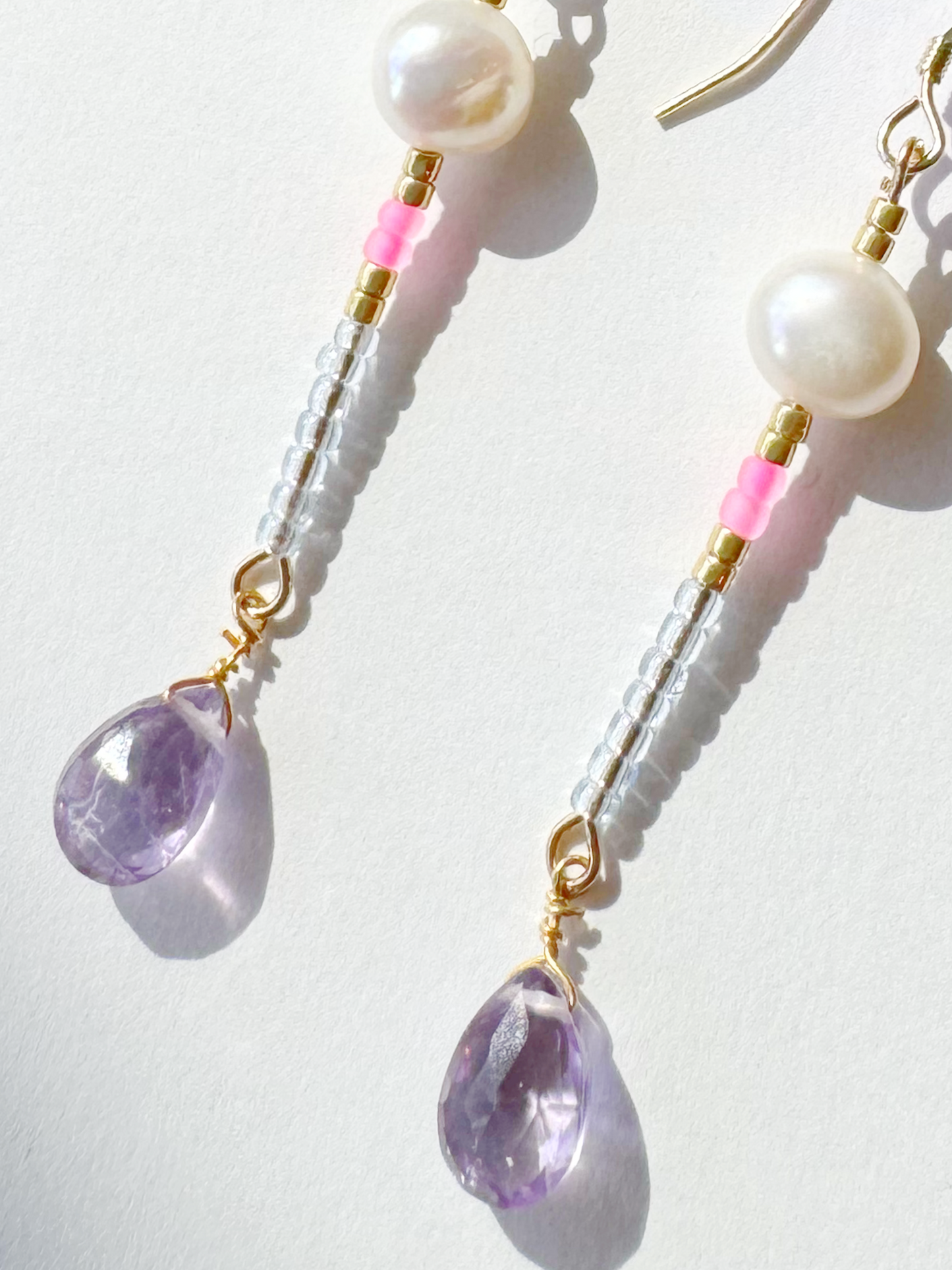 Amethyst + Pearl + Seed Bead Handmade Gold Fill Drop Gemstone Earrings - Moon Room Shop and Wellness