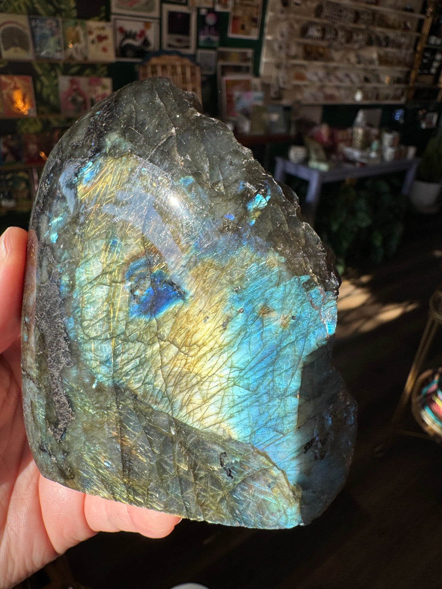 Labradorite Freeform w Natural Back 427 g - Madagascar - Moon Room Shop and Wellness