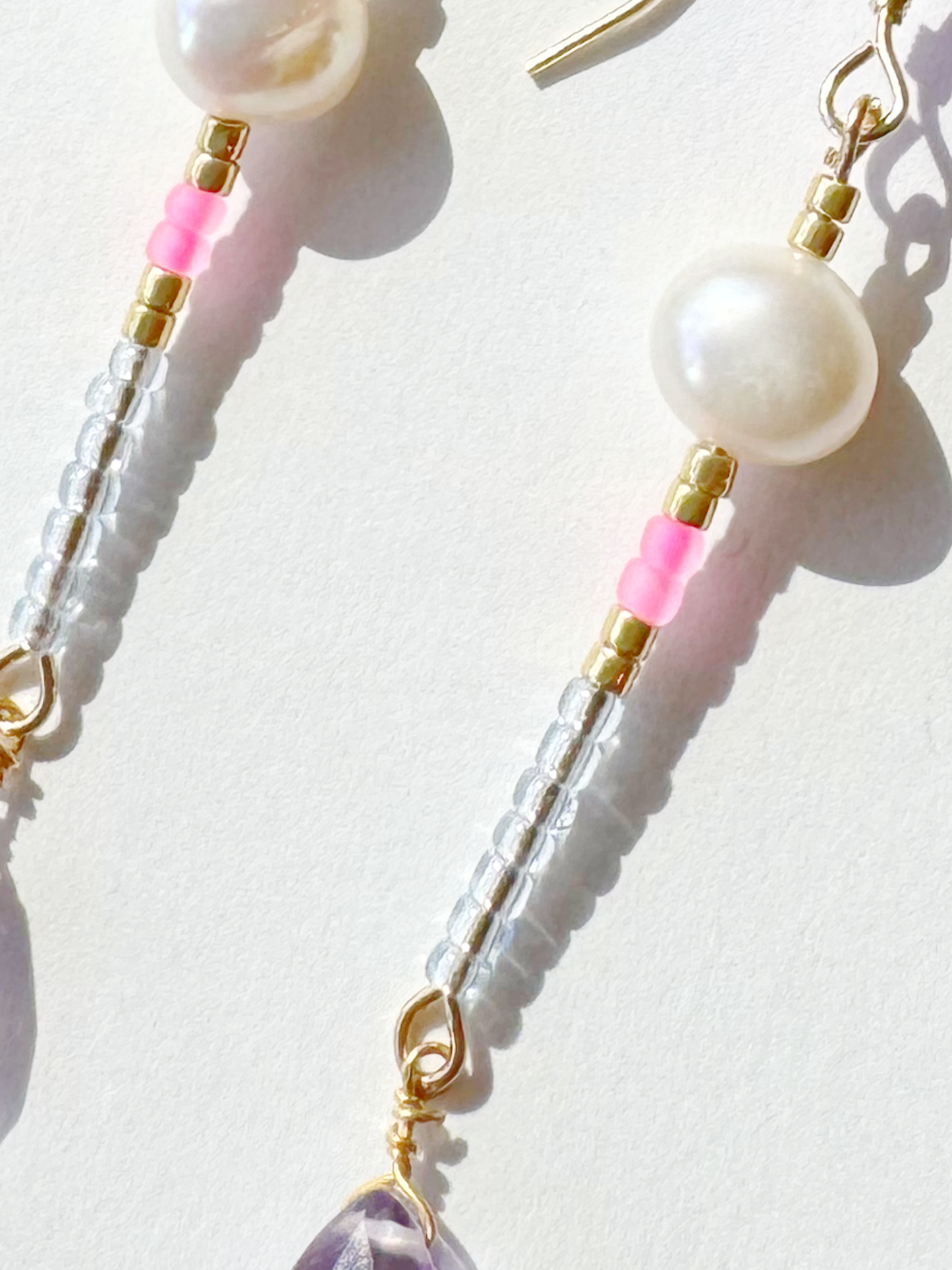 Amethyst + Pearl + Seed Bead Handmade Gold Fill Drop Gemstone Earrings - Moon Room Shop and Wellness