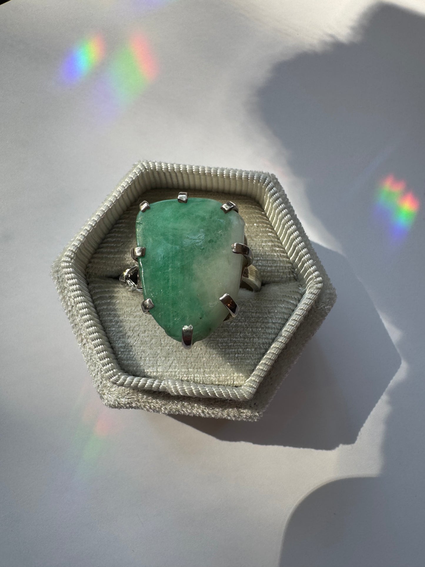 Sliced Emerald Sterling Silver Adjustable Ring