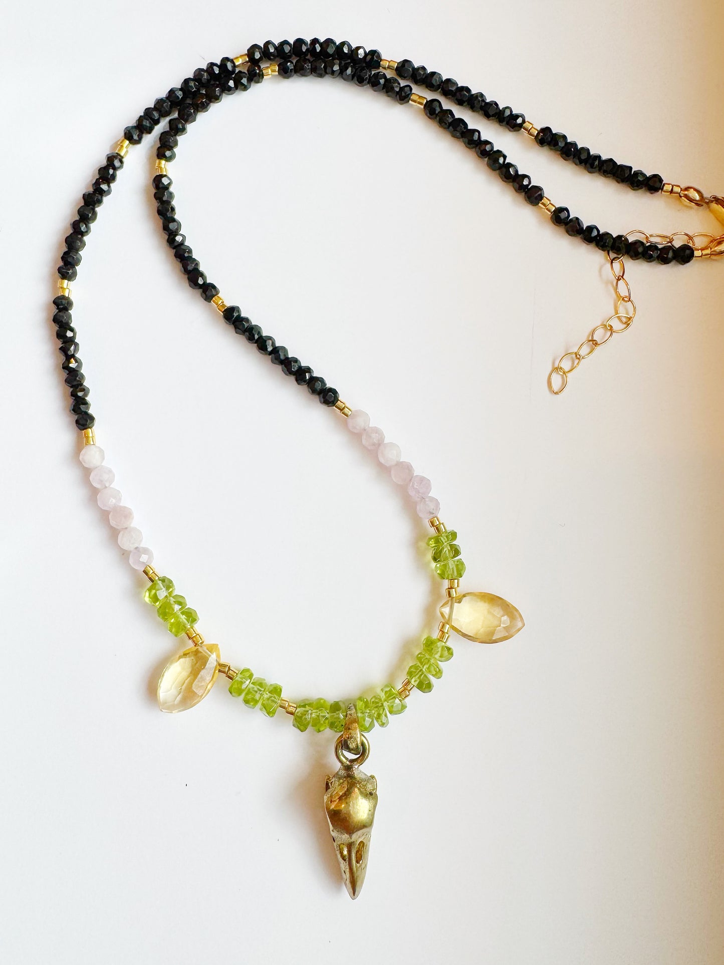 Brass Raven Skull + Peridot + Citrine + Kunzite + Black Tourmaline Gold Fill Handmade Necklace - Moon Room Shop and Wellness