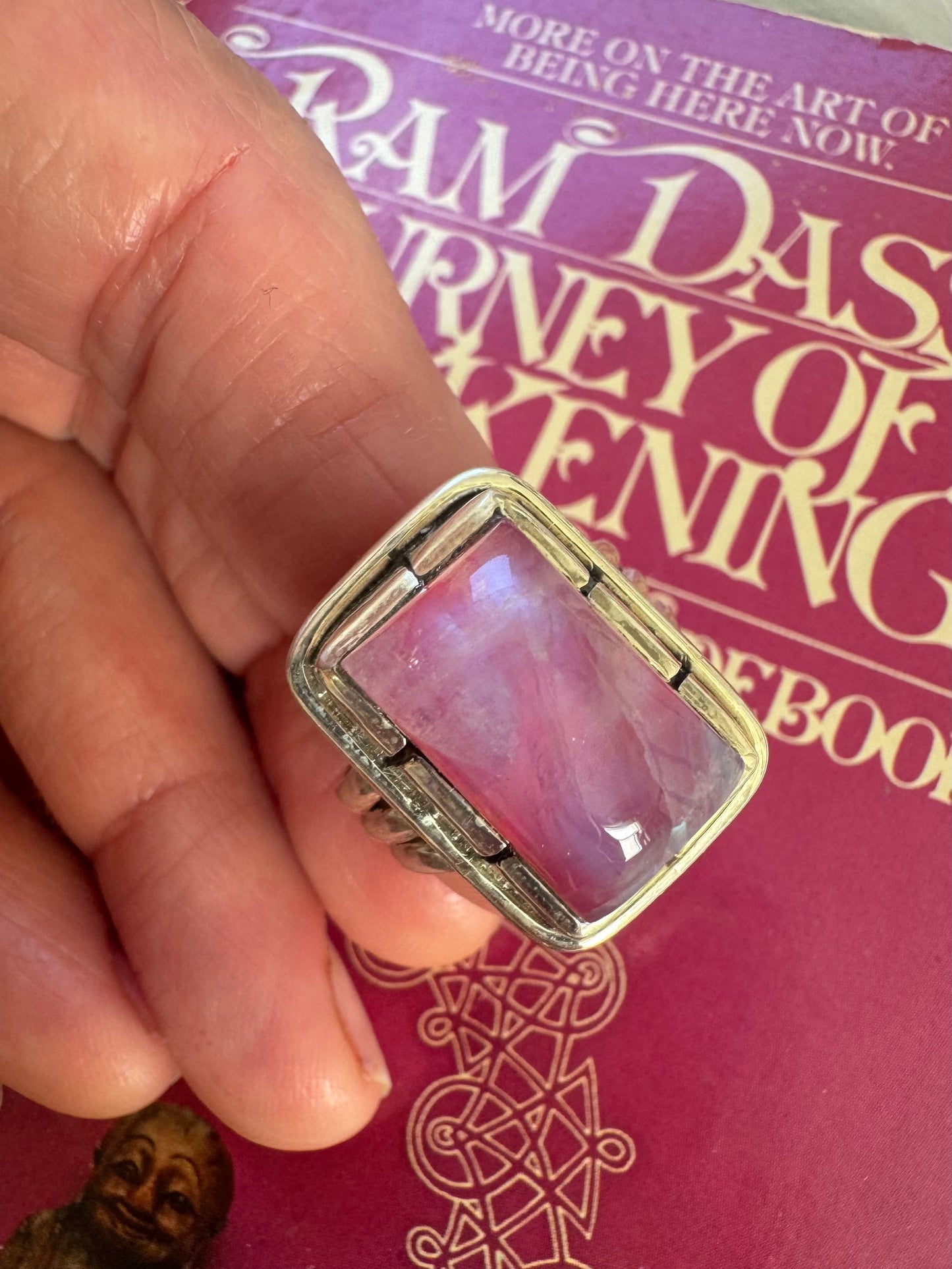Pink Rainbow Moonstone 925 Sterling Silver Ring Size 7.75 - Moon Room Shop and Wellness