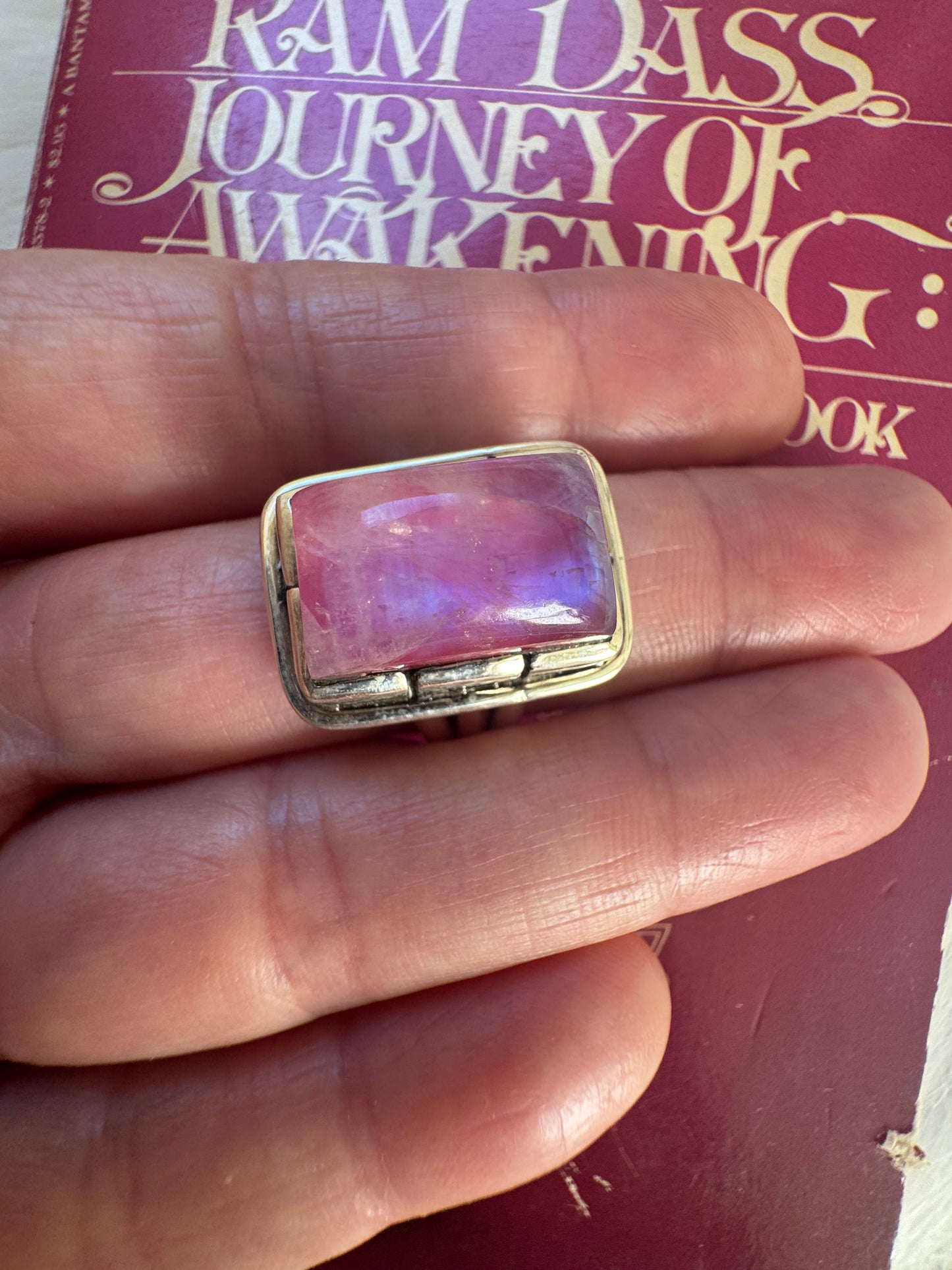 Pink Rainbow Moonstone 925 Sterling Silver Ring Size 7.75 - Moon Room Shop and Wellness