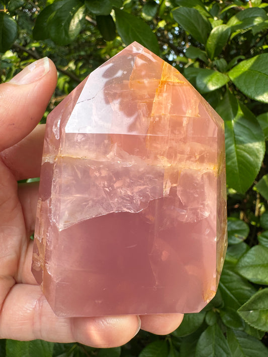 Guava Rose Quartz Tower w Golden Healer - Gorgeous! 242 g - Brazil - Moon Room Shop and Wellness