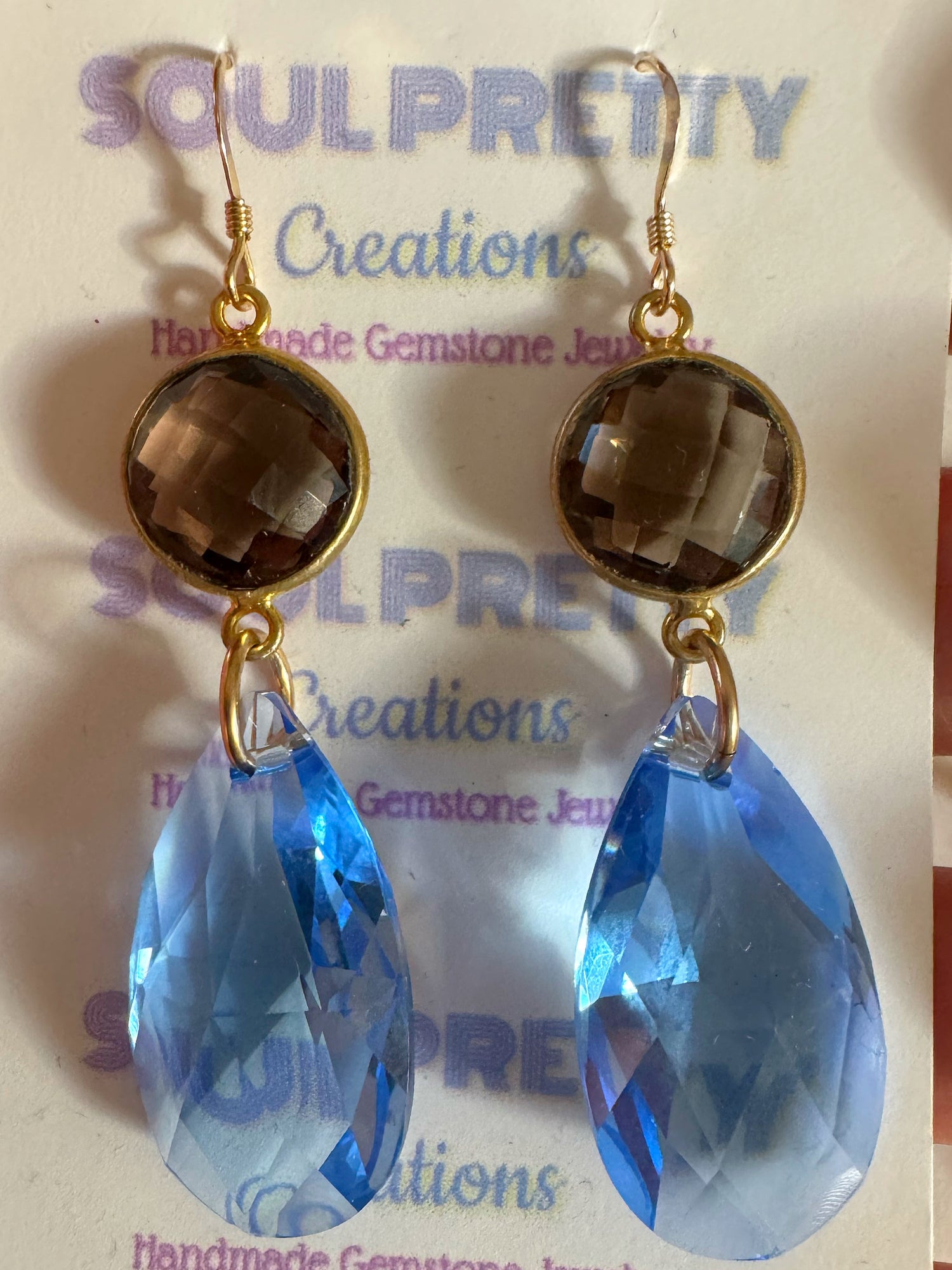 Smoky Quartz + Blue Prism Droplet Gold Fill Earrings - Moon Room Shop and Wellness