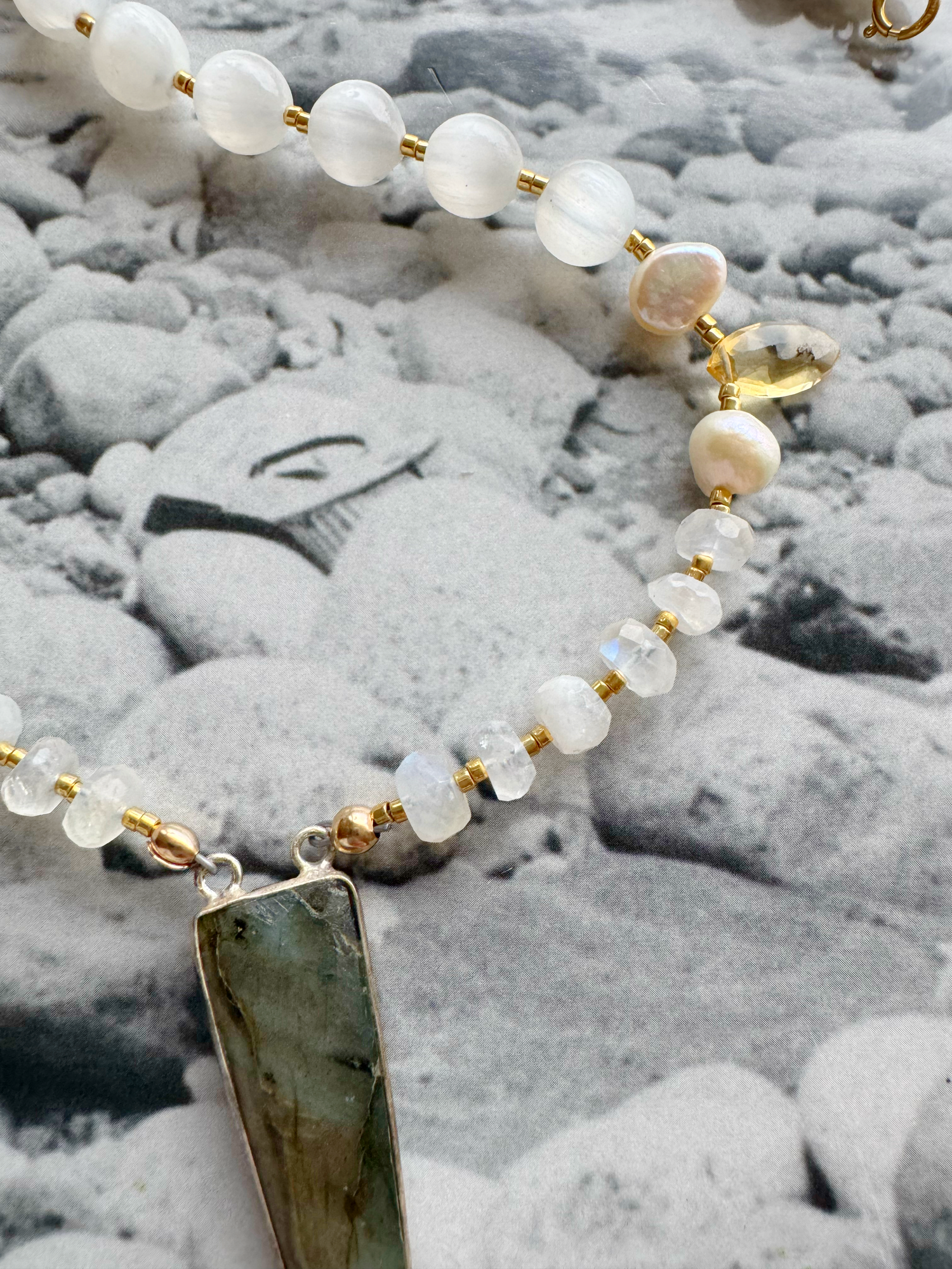 Labradorite + Moonstone + Pearl +Selenite Handmade Necklace 18” - Moon Room Shop and Wellness