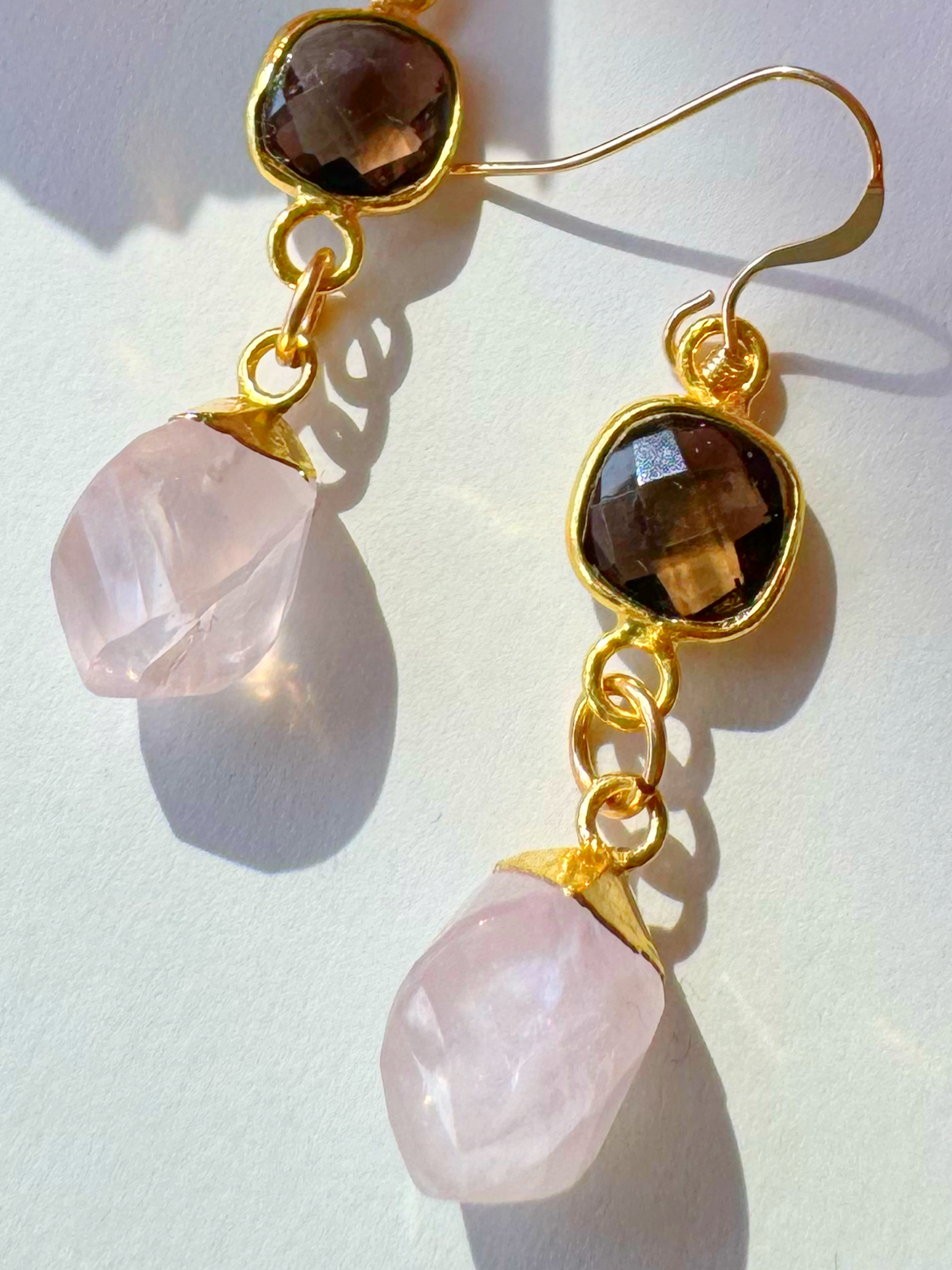 Rose Quartz + Smoky Quartz Handmade Gold Fill Drop Gemstone Earrings - Moon Room Shop and Wellness