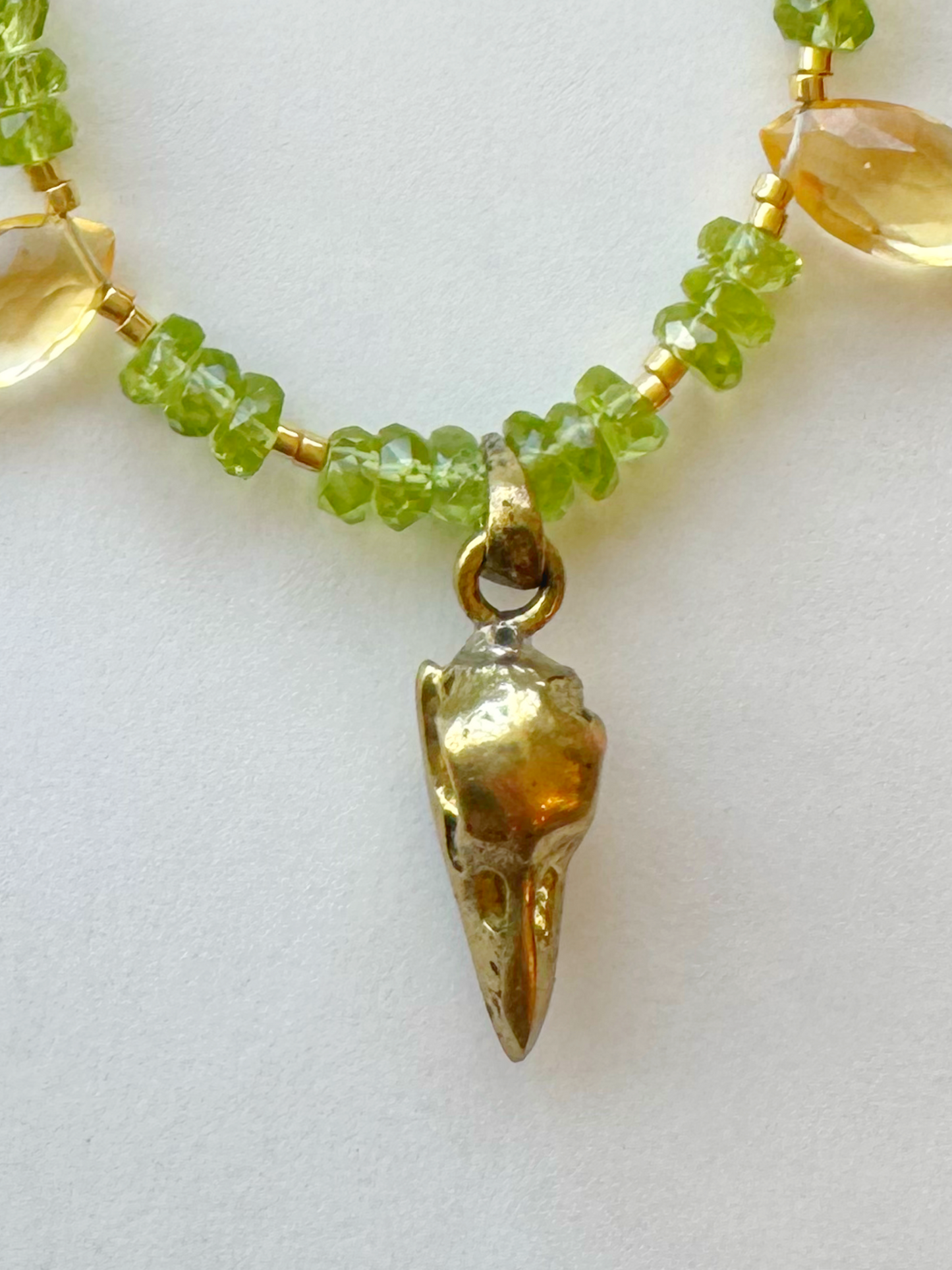 Brass Raven Skull + Peridot + Citrine + Kunzite + Black Tourmaline Gold Fill Handmade Necklace - Moon Room Shop and Wellness