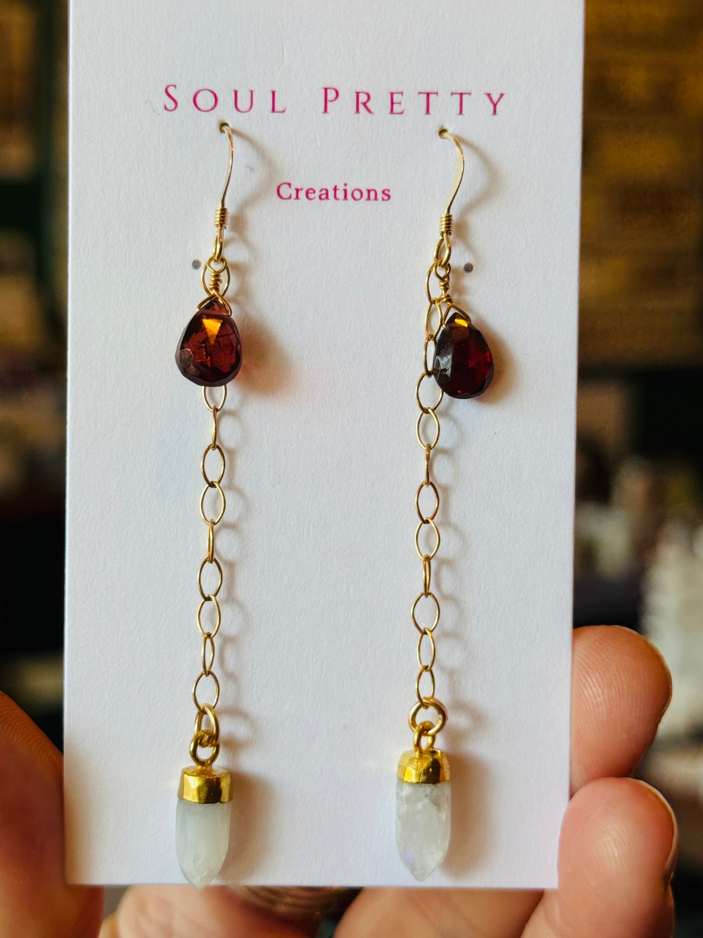 Soul Pretty Garnet Drops With Moonstone Gold Fill Earrings - Moon Room Shop and Wellness