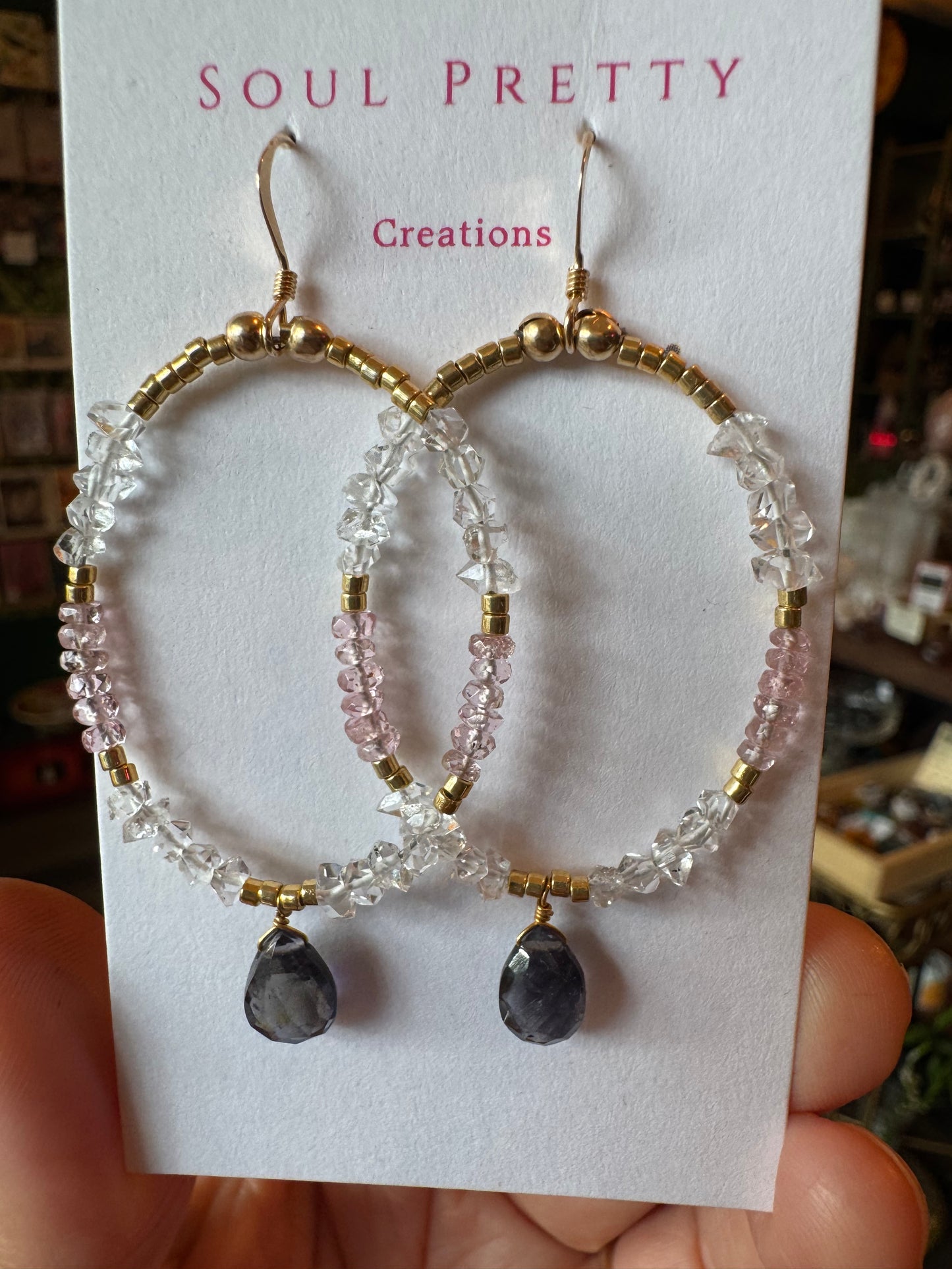 Soul Pretty iolite + pink tourmaline + quartz handmade gold fill earrings - Moon Room Shop and Wellness