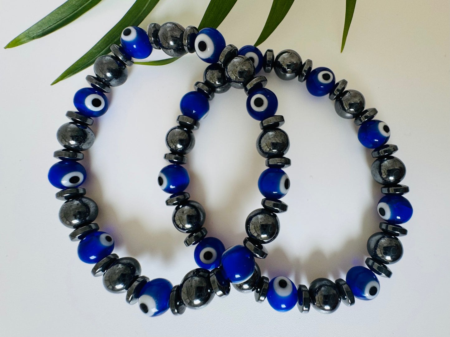 Evil Eye Glass + Hematite Stretch 8mm Bracelet - Moon Room Shop and Wellness