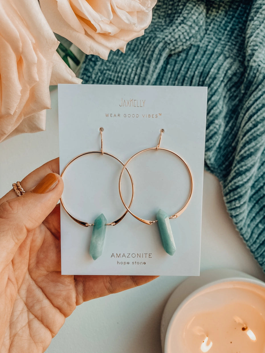 Amazonite Hoops 18 kt Gold Plated Brass w Sterling Posts - Moon Room Shop and Wellness