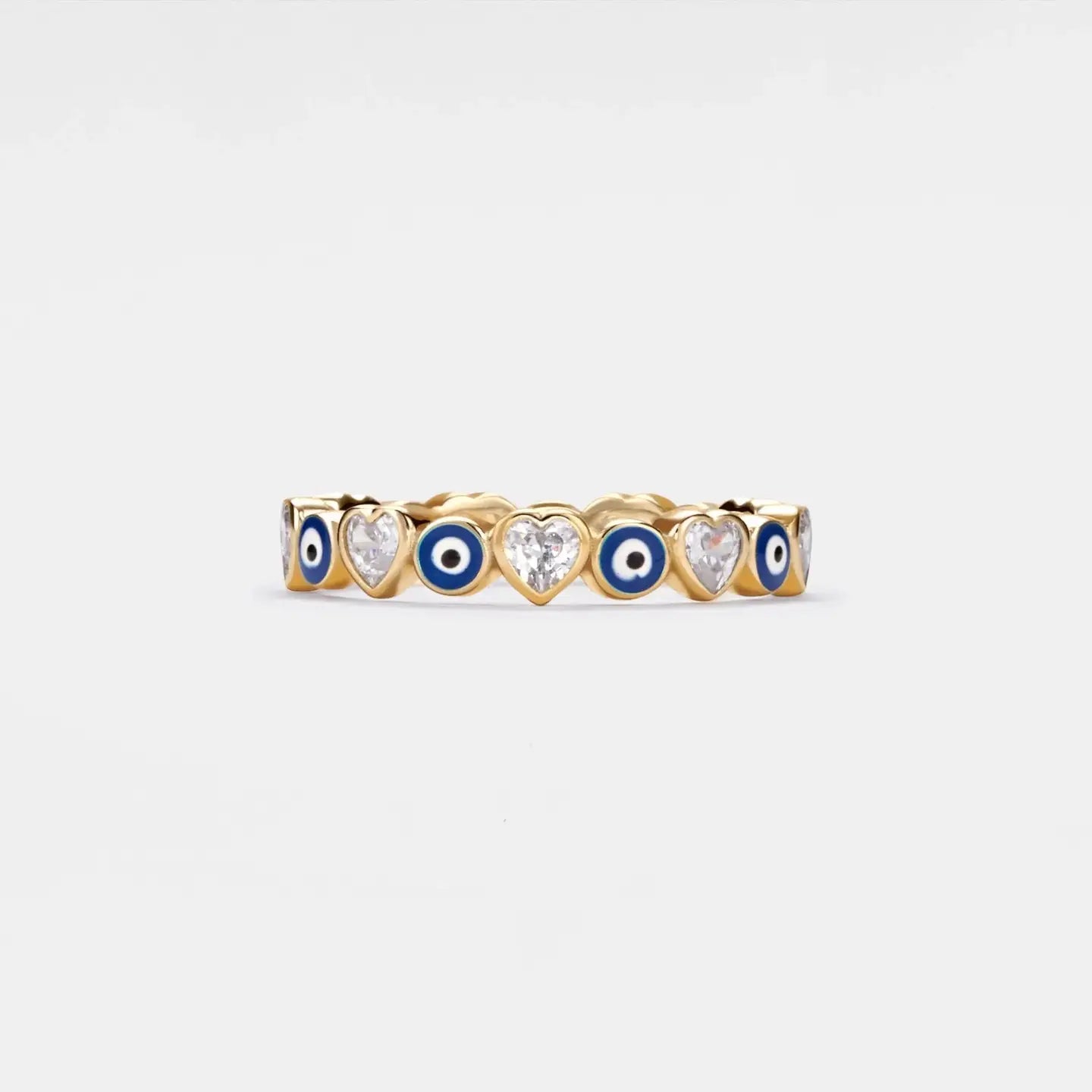 Turkish Evil Eye Heart Eternity Ring Size 7 in Gold Plated 925 Sterling Silver - Moon Room Shop and Wellness