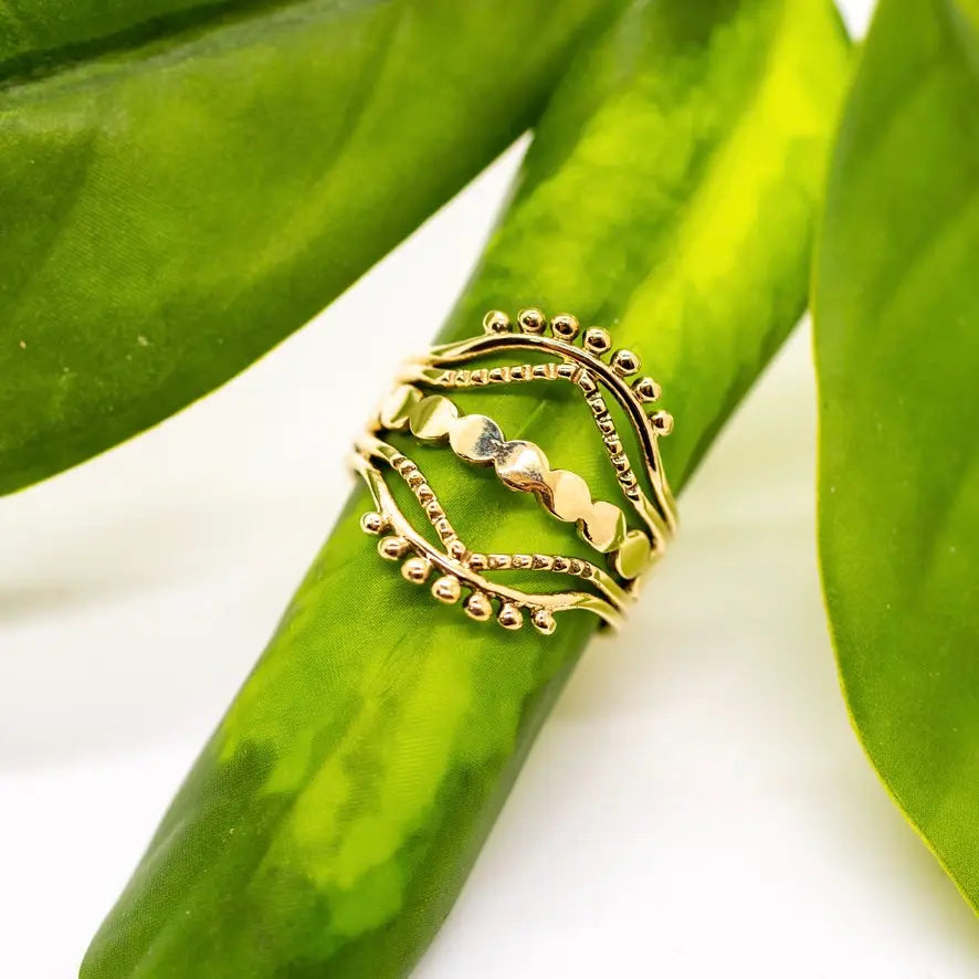 Mixed Detail Stacked Band Ring in Brass Sizes 6,8,10 - Moon Room Shop and Wellness