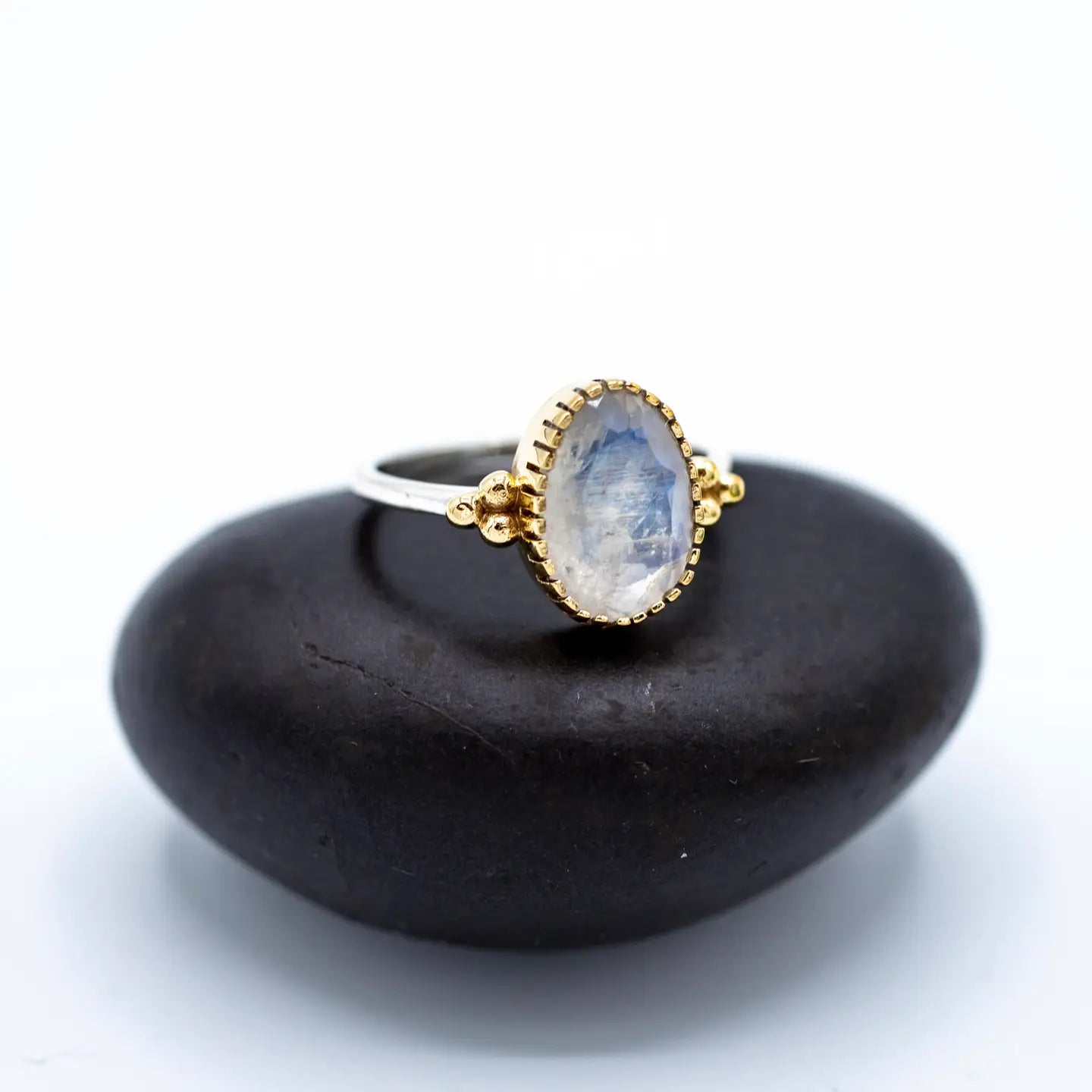 Moonstone Sterling Silver + Brass Accents Ring Sizes 5,6,7,8,9 - Moon Room Shop and Wellness