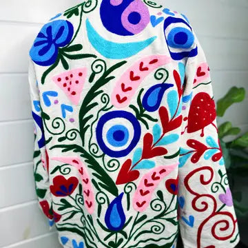 Handmade Suzani Embroidered Jacket | Evil Eye Kimono Coat - Moon Room Shop and Wellness