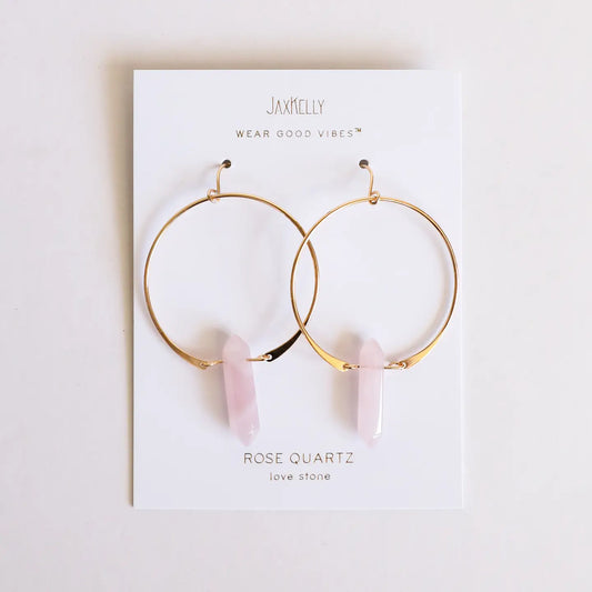 Rose Quartz Hoops 18 kt Gold Plated Brass w Sterling Posts - Moon Room Shop and Wellness