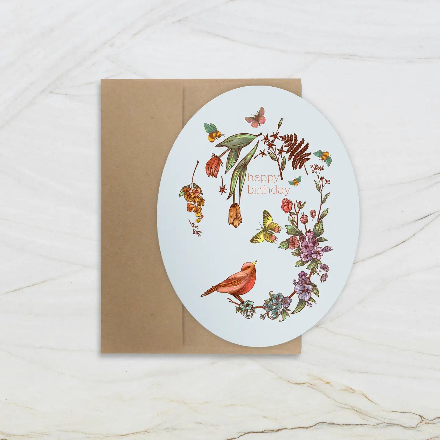 Oval Happy Birthday Floral Bird Wreath- Blank Inside - Moon Room Shop and Wellness