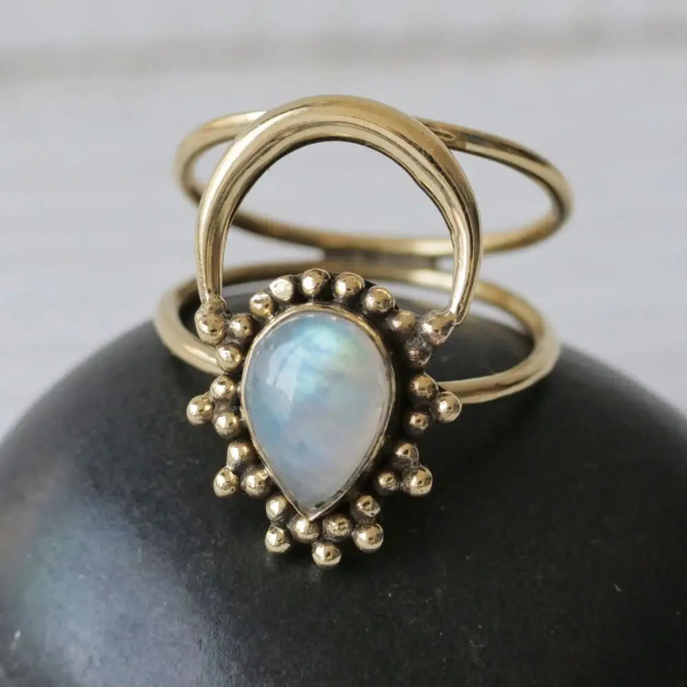 Tear Drop Moonstone Aura Ring in Brass Sizes 7,8,9 - Moon Room Shop and Wellness