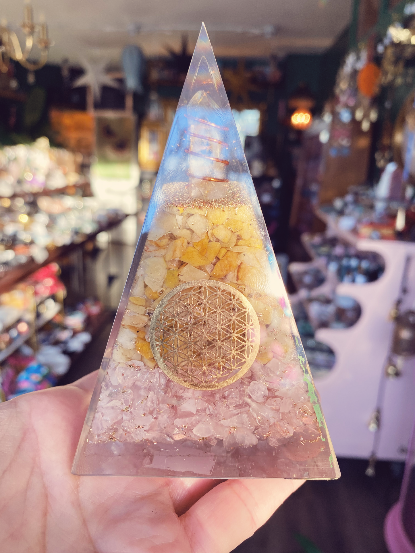 Orgone Pyramid w/ Rose Quartz, Yellow Aventurine- Flower of Life Symbol - Moon Room Shop and Wellness