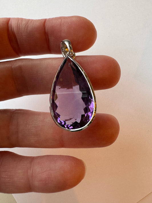 Amethyst Faceted Teardrop Sterling Silver Pendant & Chain - Moon Room Shop and Wellness