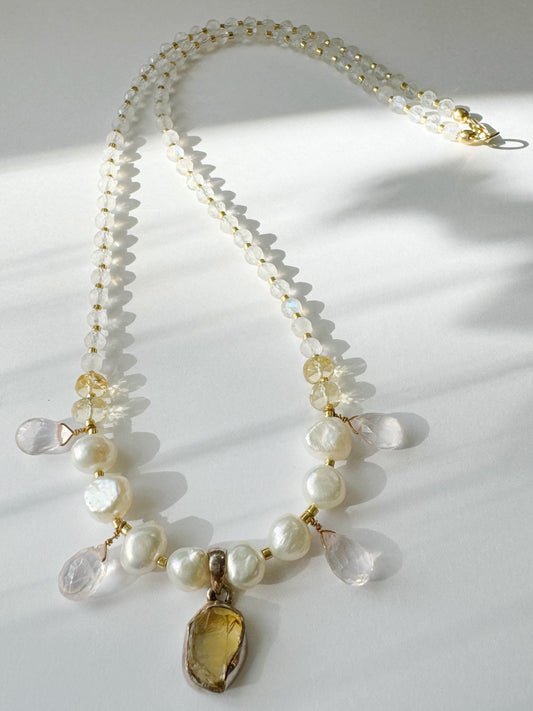 Natural Citrine Pearl Rose Quartz Handmade Necklace - Moon Room Shop and Wellness